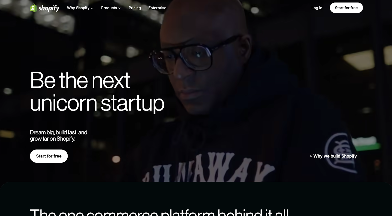 Shopify website with the words: "Be the next unicorn startup"