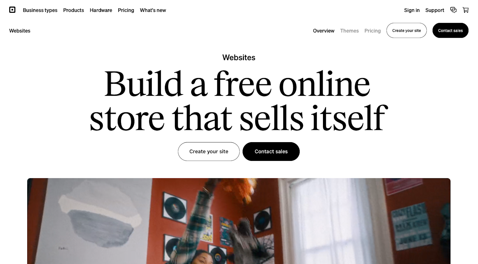 Square Online website with the words: "Build a free online store that sells itself"