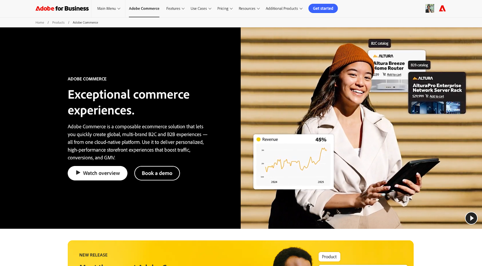 Adobe Commerce website with the words: "Exceptional commerce experiences"
