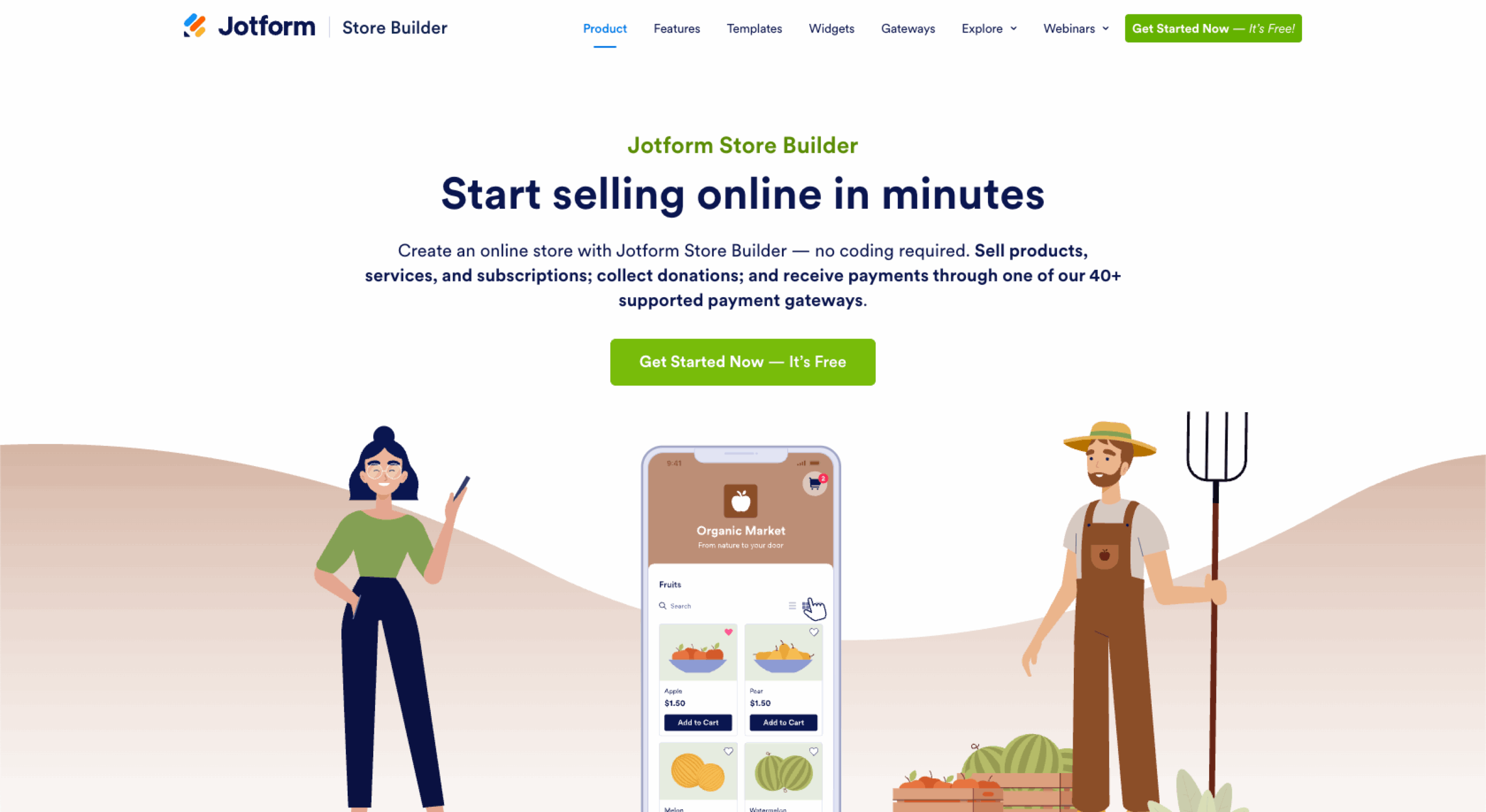 Jotform Store Builder website with the words: "Start selling online in minutes"