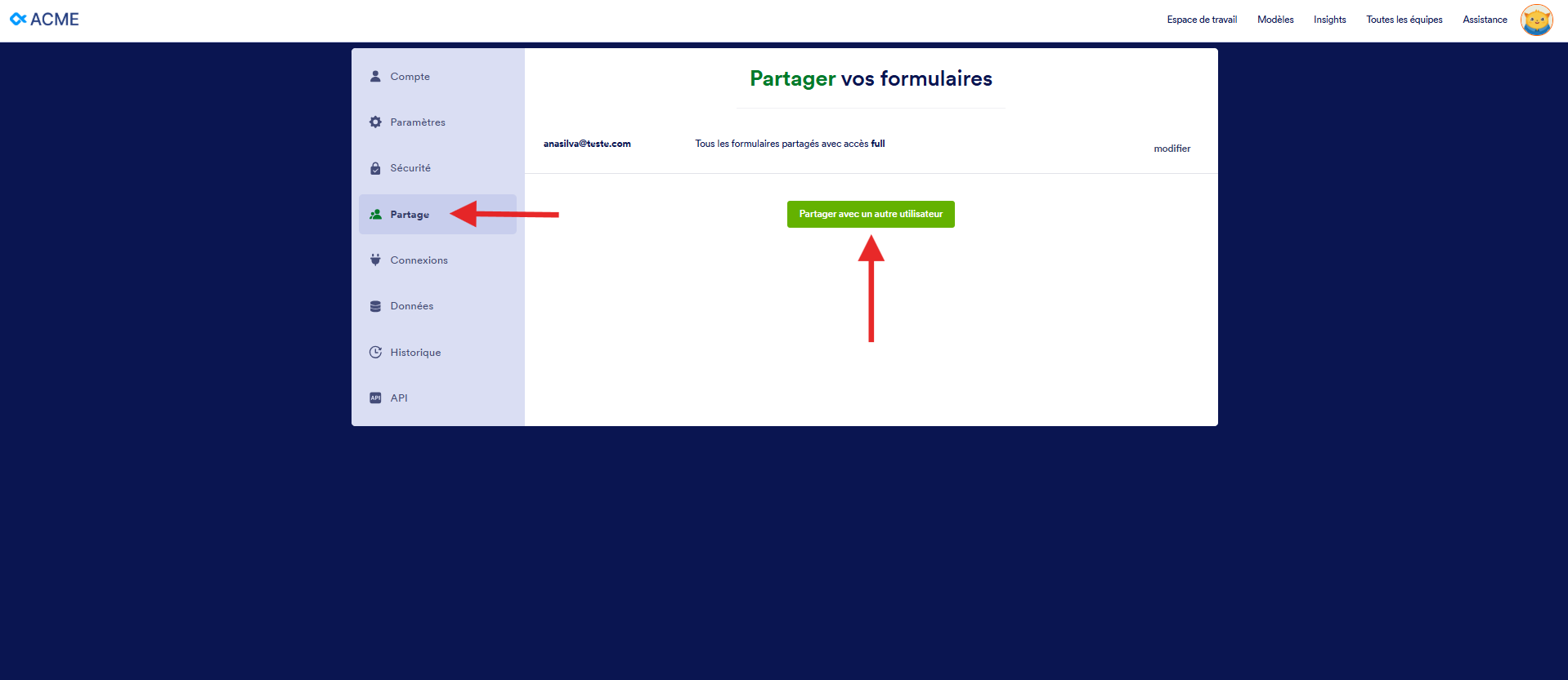 Capture d'écran de la page Partager vos formulaires dans Jotform Entreprise avec une flèche vers le bouton Partager avec un autre utilisateur