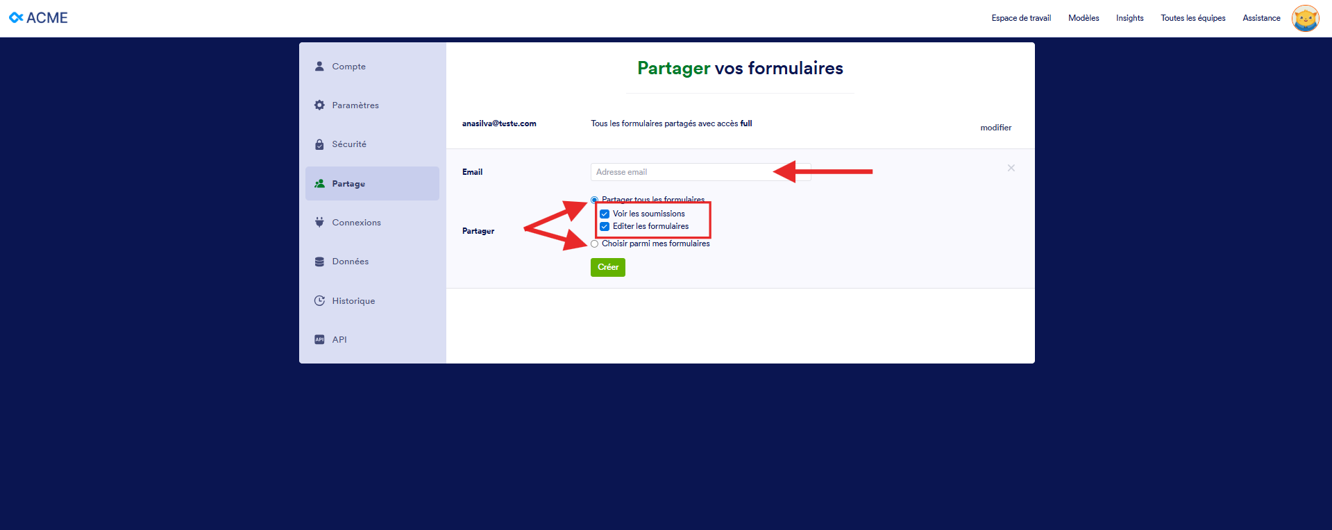 Capture d'écran de la page Partager vos formulaires dans Jotform Entreprise avec une flèche vers Partager tous les formulaires, une autre vers Choisir parmi mes formulaires et un encadré autour des autorisations Voir les soumissions et Modifier le formulaire