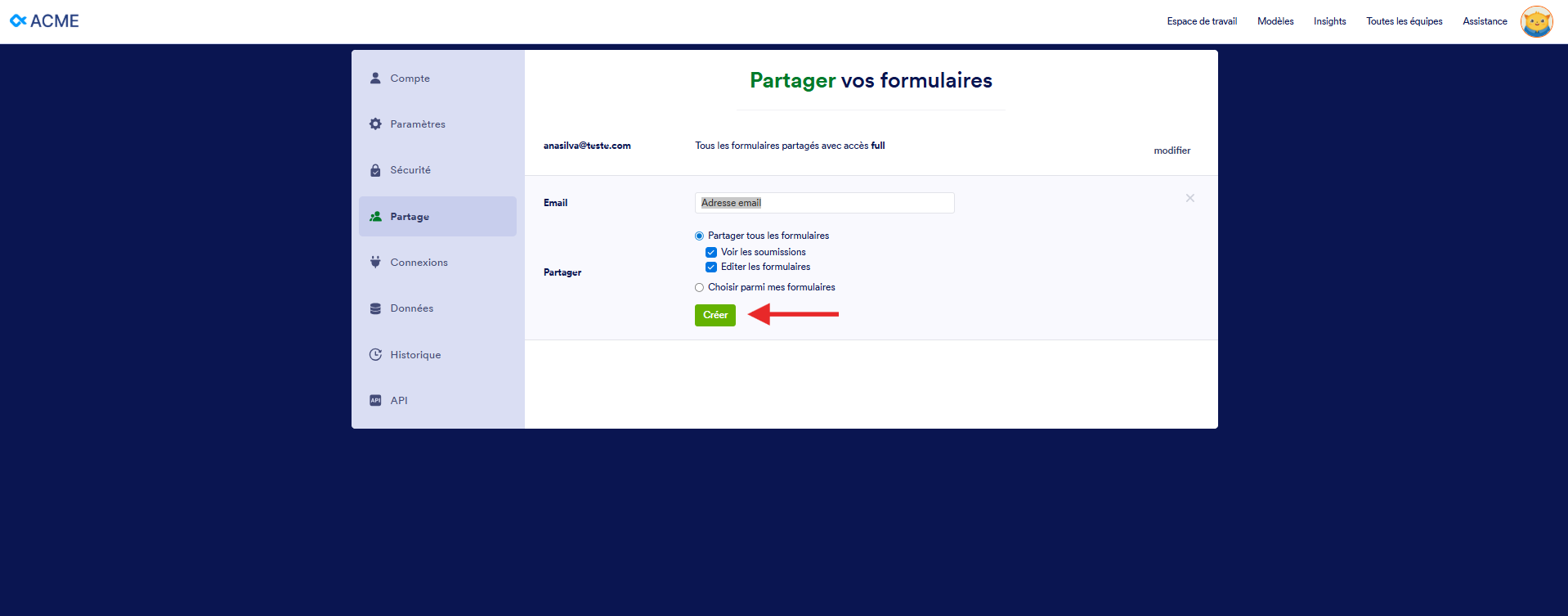 Capture d'écran de la page Partager vos formulaires dans Jotform Entreprise avec une flèche vers le bouton Créer