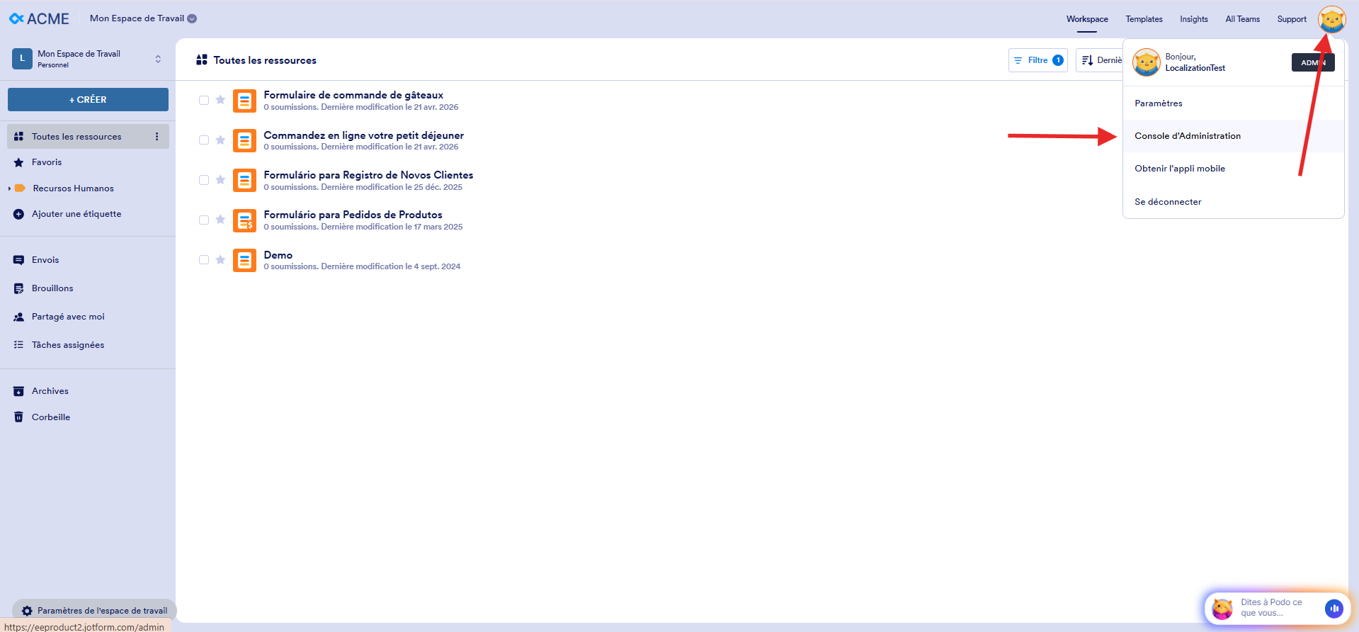 Capture d'écran de la page Mon Espace de Travail dans Jotform Entreprise avec une flèche vers l'avatar et une autre vers Console d'administration