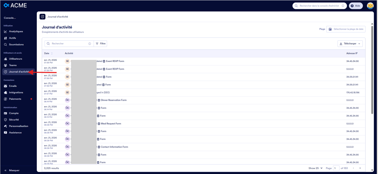 Capture d'écran de la page Journal d'activité dans la console d'administration dans Jotform Entreprise avec une flèche pointant vers Journal d'activité