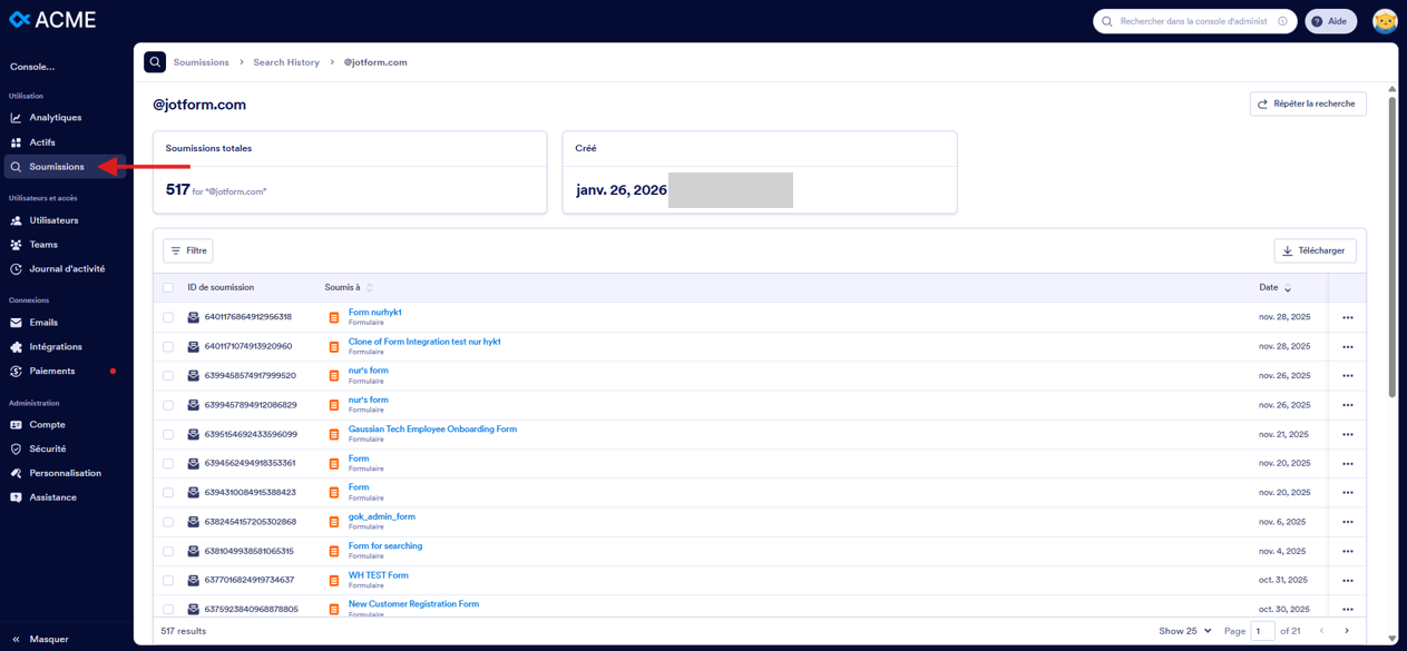 Capture d'écran de la page des résultats de recherche des soumissions contenant @jotform