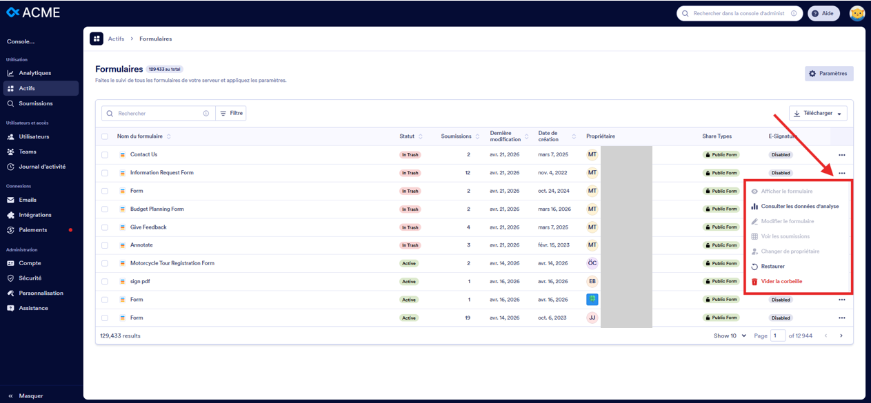 Capture d'écran de la page Formulaires dans la console d'administration dans Jotform Entreprise avec un encadré autour des actions possibles pour chaque formulaire