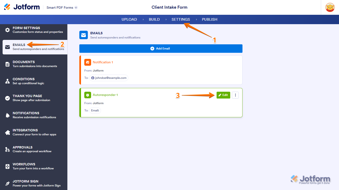 Smart PDF Forms Settings page showing Autoresponder Email Edit option in Jotform
