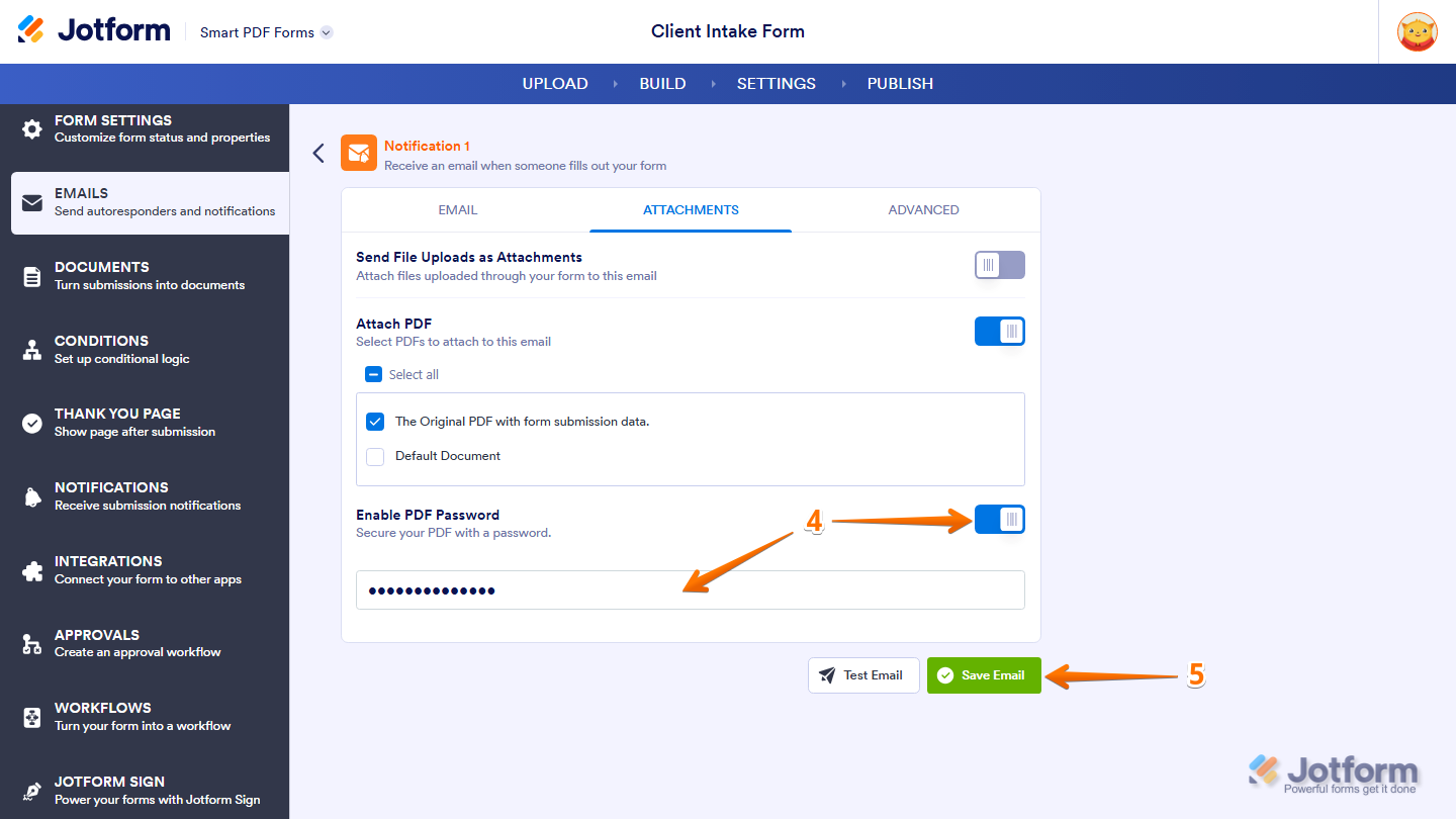 Notification Email Attachments tab showing Enable PDF Password option and Save Email button in Jotform