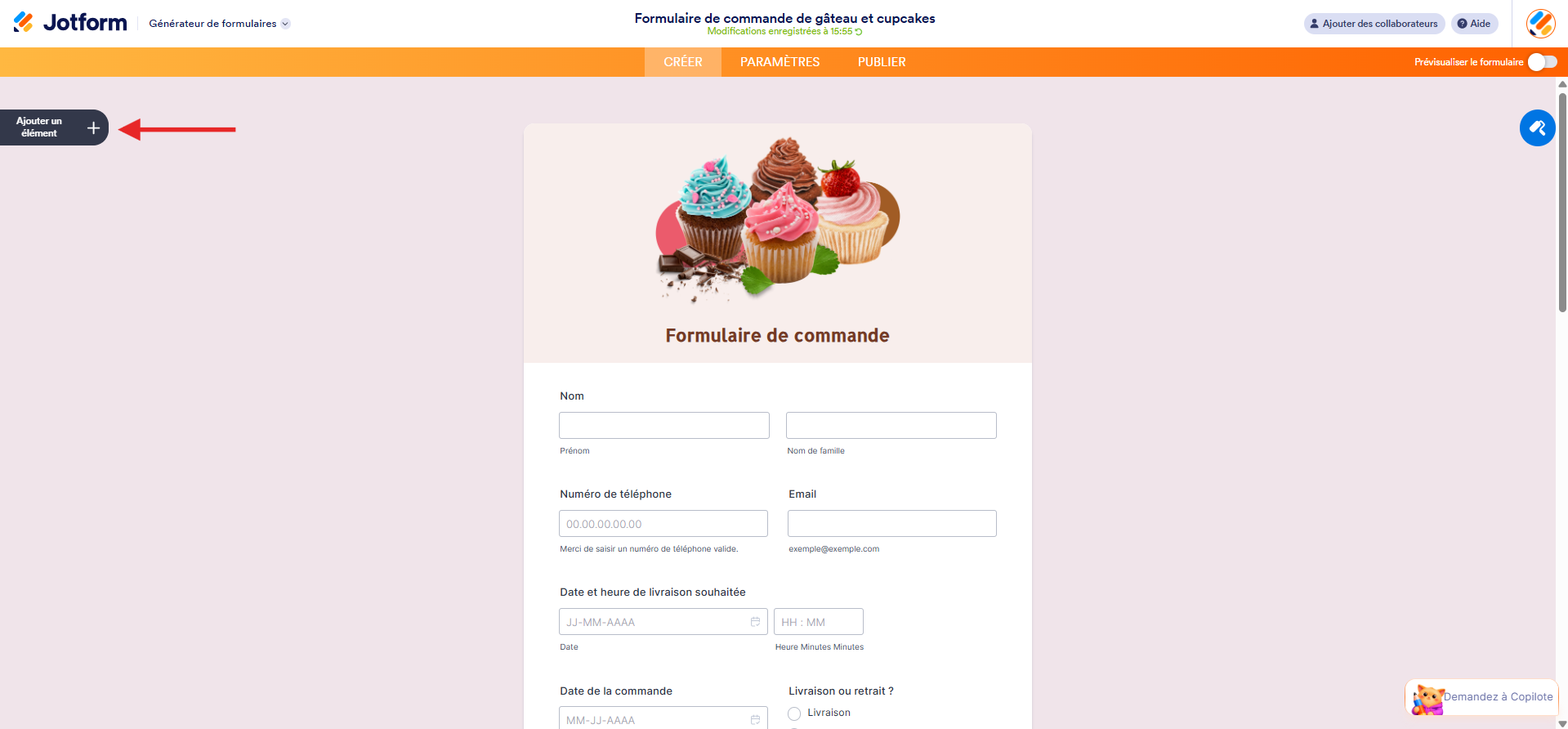 Capture d'écran d'une formulaire de commande dans le Générateur de formulaires Jotform avec une flèche vers le bouton Ajouter une élément