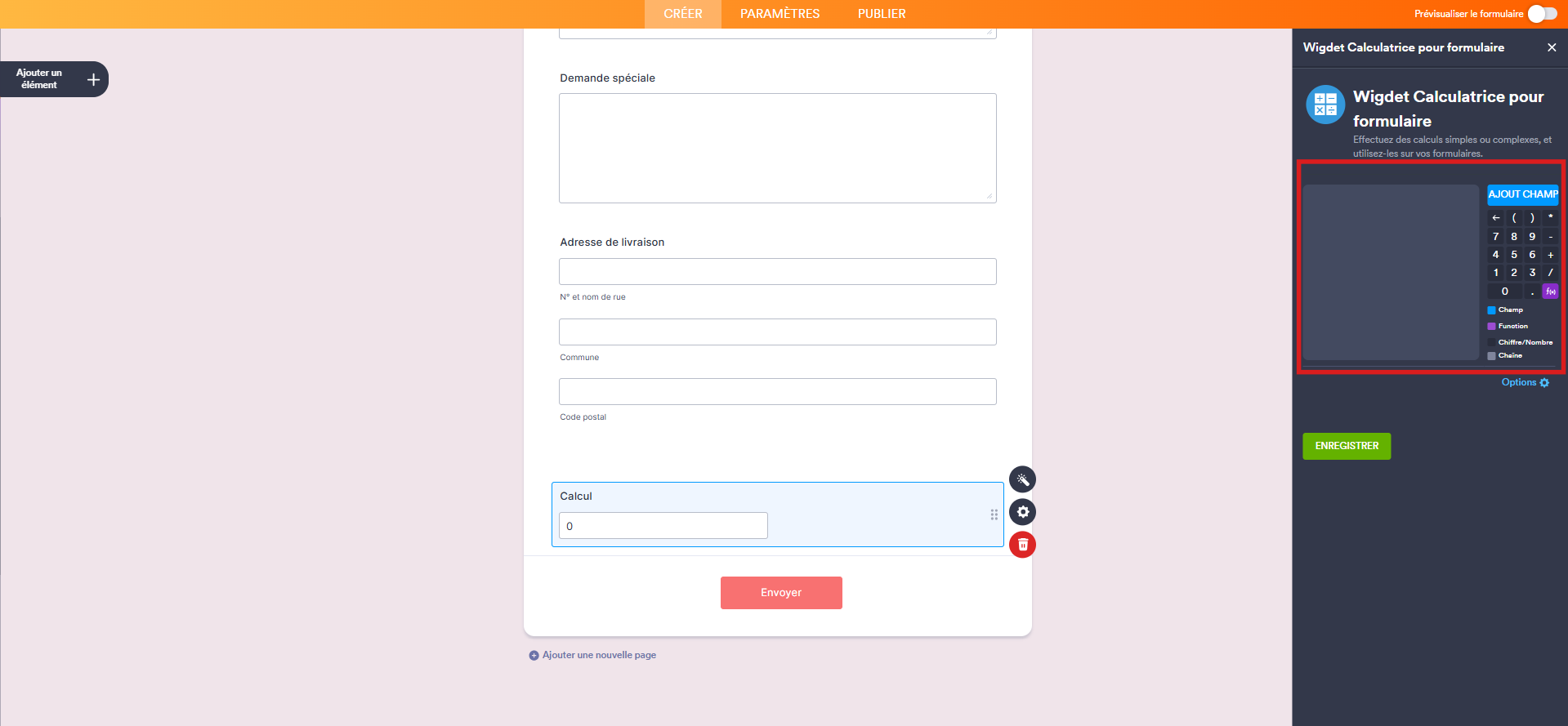 Capture d'écran du formulaire dans le Générateur de formulaires Jotform avec un élément widget Calculatrice pour formulaire ajouté et le volet à droite qui montre l'éditeur de formules du widget