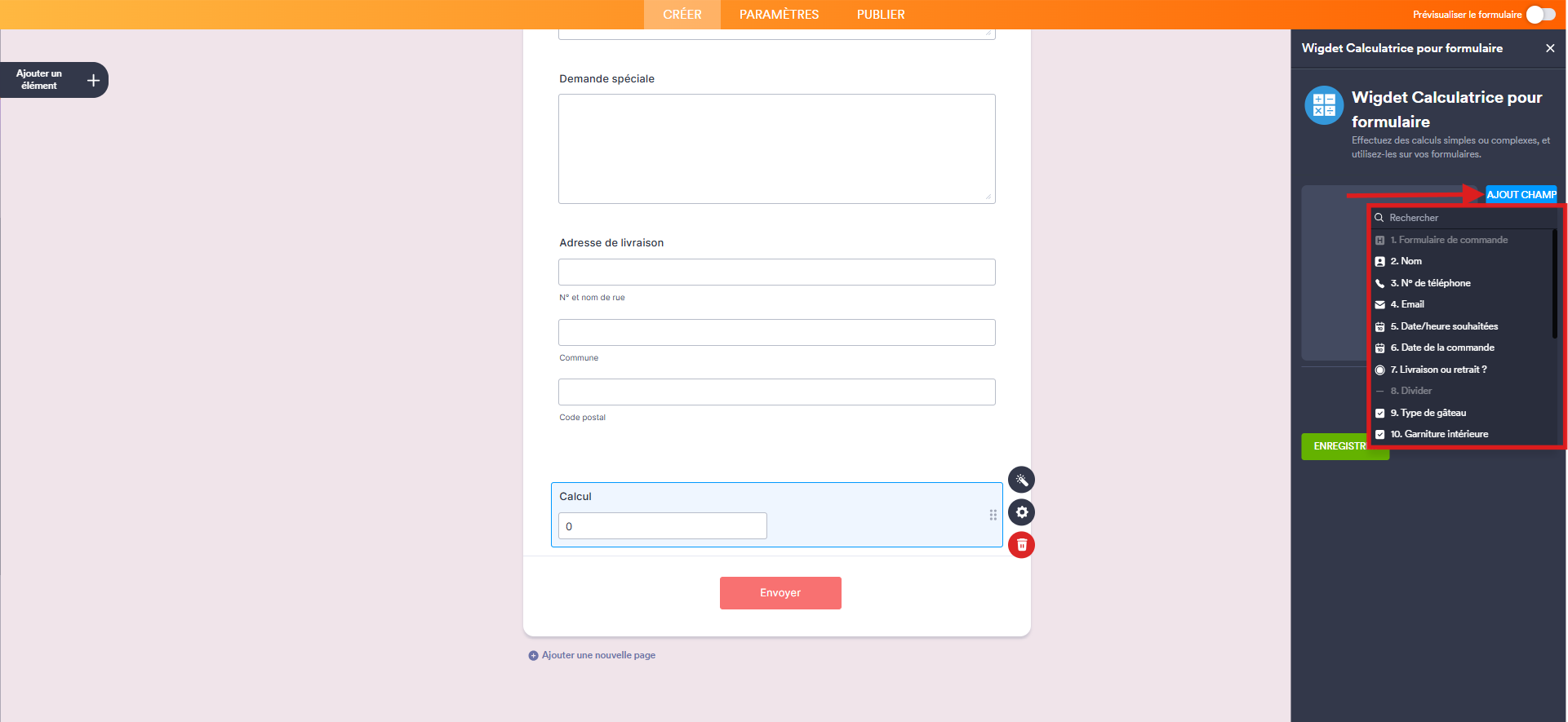 Capture d'écran du formulaire dans le Générateur de formulaires Jotform avec une flèche vers le bouton Ajout Champ et un encadré autour des champs du formulaire repris dans le menu du bouton