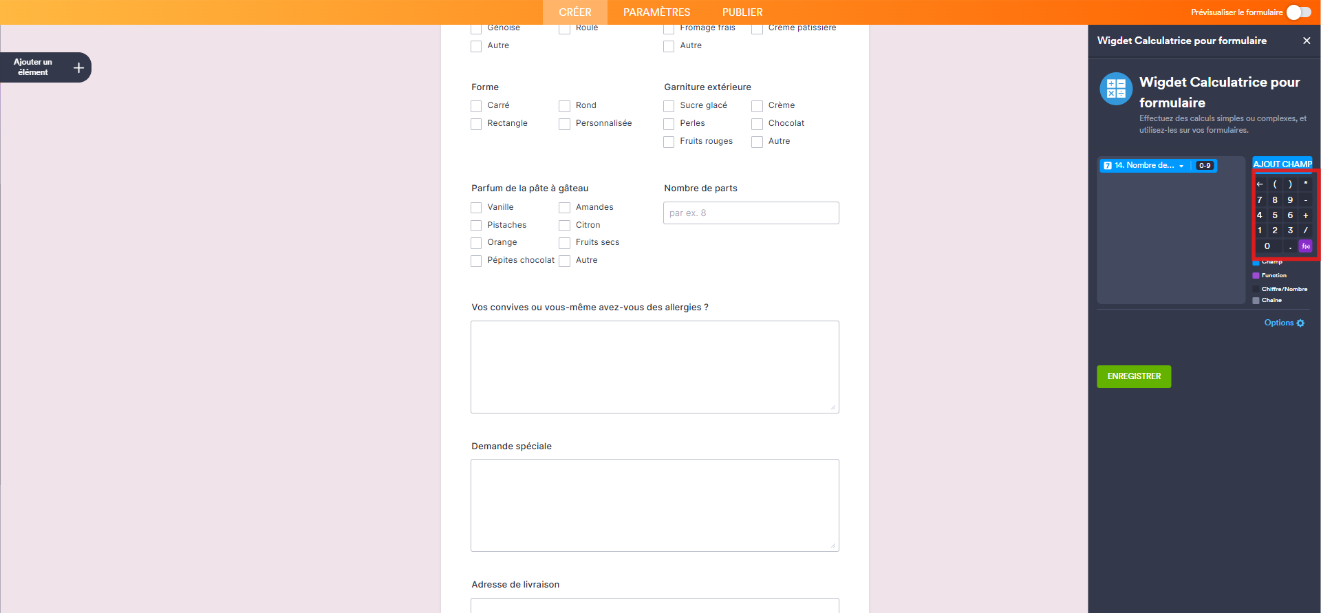 Capture d'écran du formulaire dans le Générateur de formulaires Jotform avec un encadré autour du pavé numérique de l'éditeur de formules du widget Calculatrice pour formulaire