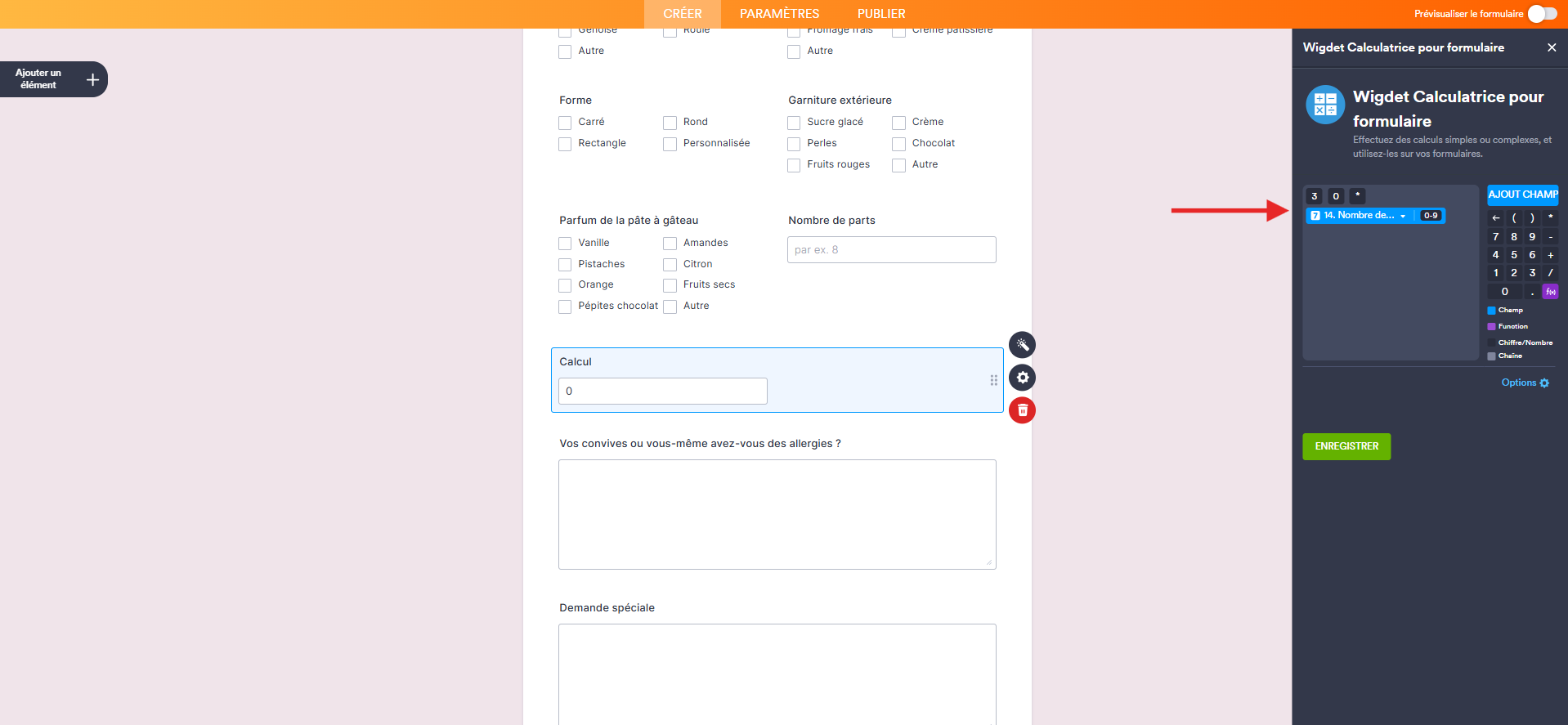 Capture d'écran du formulaire dans le Générateur de formulaires Jotform avec une flèche vers le chiffre 3, le chiffre 0 et l'opérateur * ajoutés dans l'éditeur de formules du widget Calculatrice pour formulaire