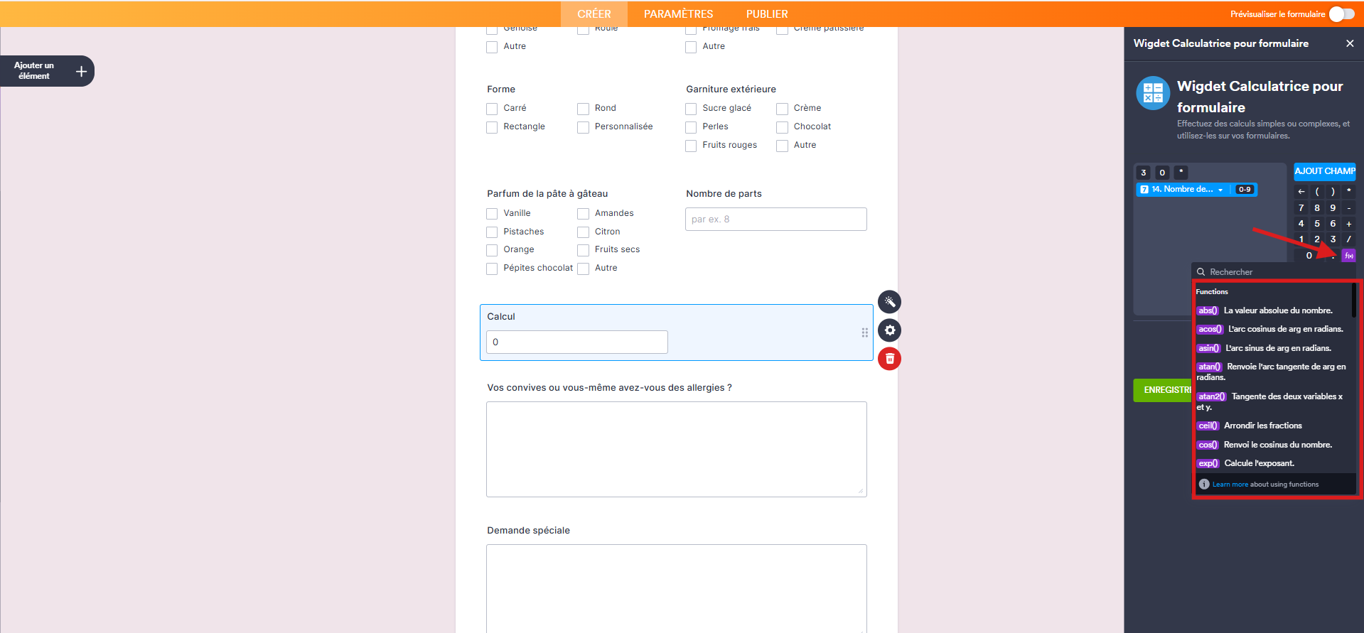 Capture d'écran du formulaire dans le Générateur de formulaires Jotform avec une flèche vers le bouton violet f(x) et un encadré autour du menu de recherche des formules dans l'éditeur de formules du widget Calculatrice pour formulaire