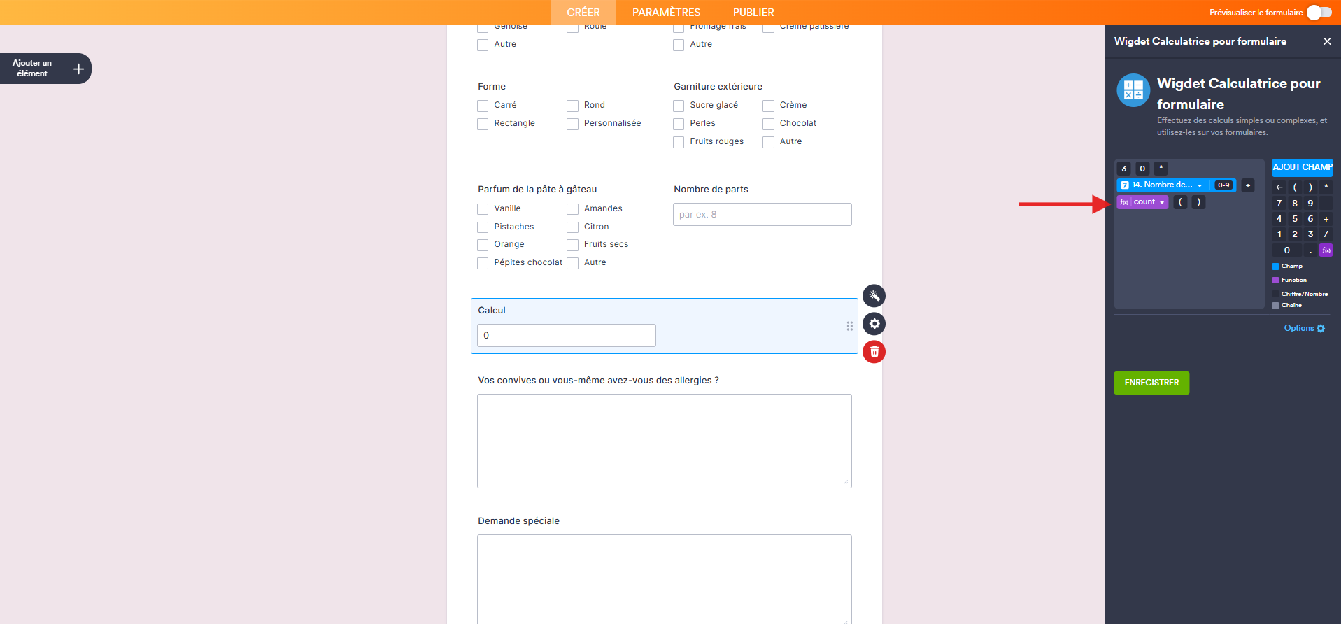 Capture d'écran du formulaire dans le Générateur de formulaires Jotform avec une flèche vers une fonction violette f(x) count dans l'éditeur de formules du widget Calculatrice pour formulaire