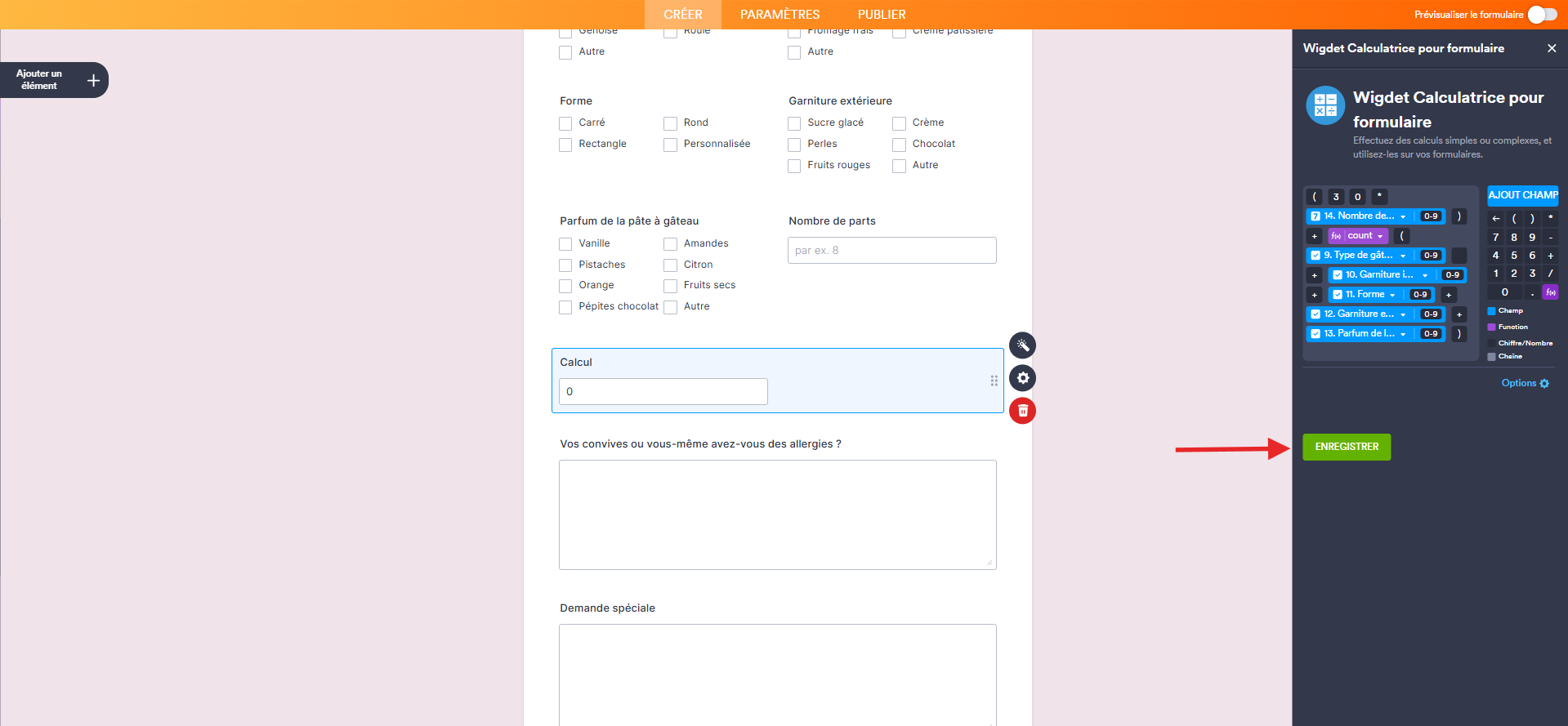 Capture d'écran du formulaire dans le Générateur de formulaires Jotform avec une flèche vers le bouton Enregistrer du volet Wigdet Calculatrice pour formulaire