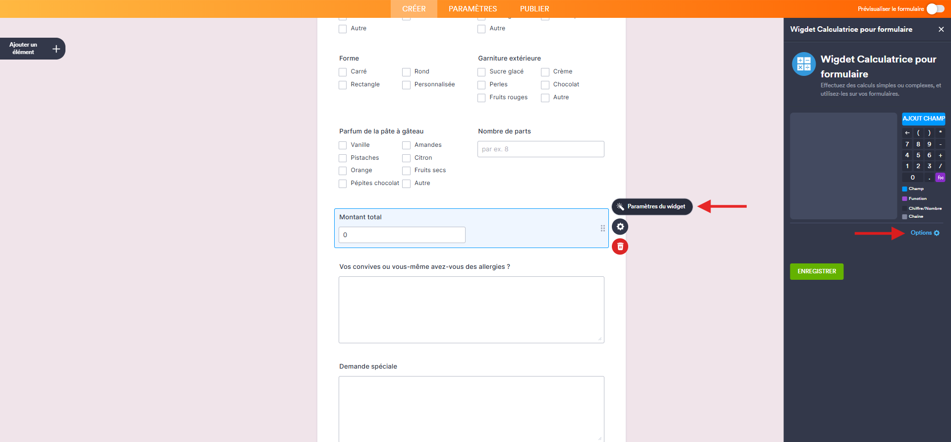 Capture d'écran du formulaire Jotform avec l'élément widget Calculatrice pour formulaire, une flèche vers l'icône de baguette magique et une autre vers Options dans le volet de droite