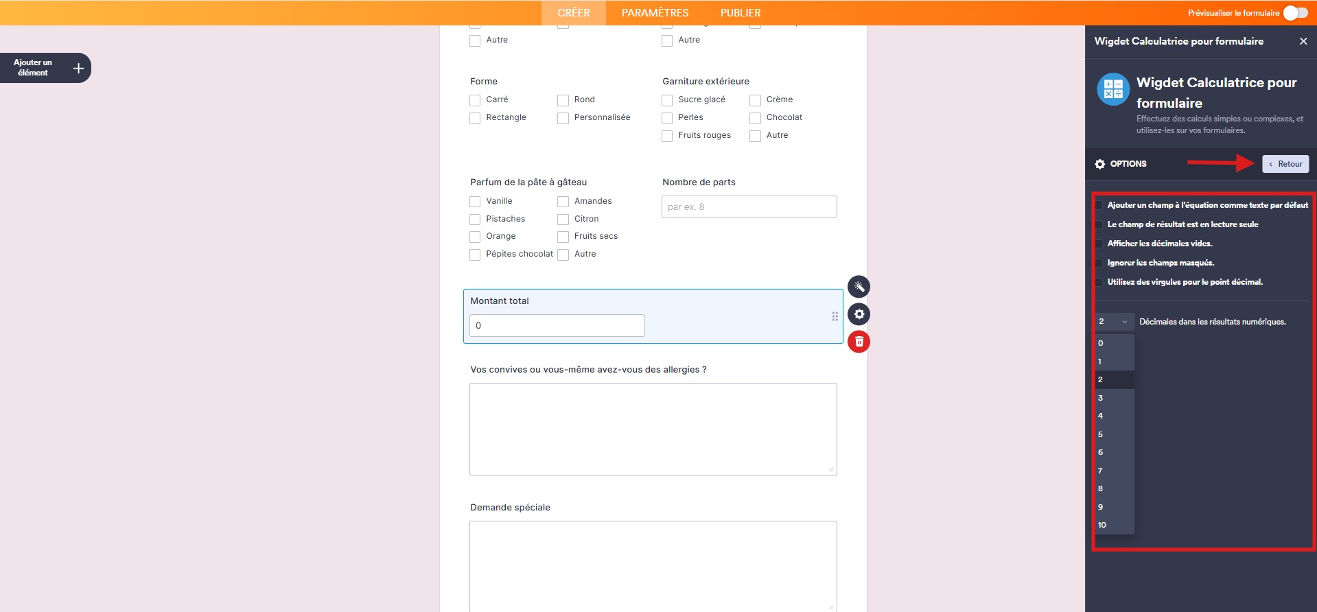 Capture d'écran du formulaire Jotform avec l'élément widget Calculatrice pour formulaire, avec un encadré vers les options et une flèche vers le bouton Retour