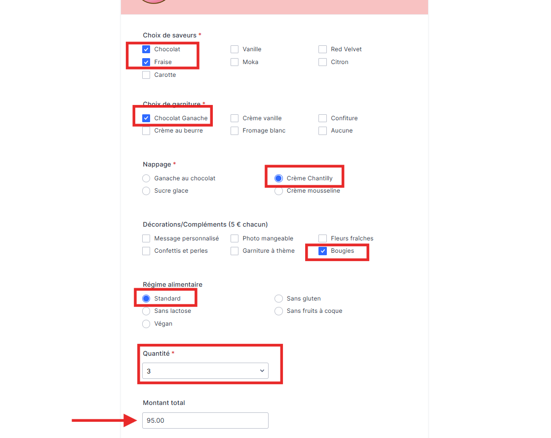 Capture d'écran du formulaire Jotform avec les champs remplis et une flèche vers le montant total calculé automatiquement par le widget Calculatrice pour formulaire