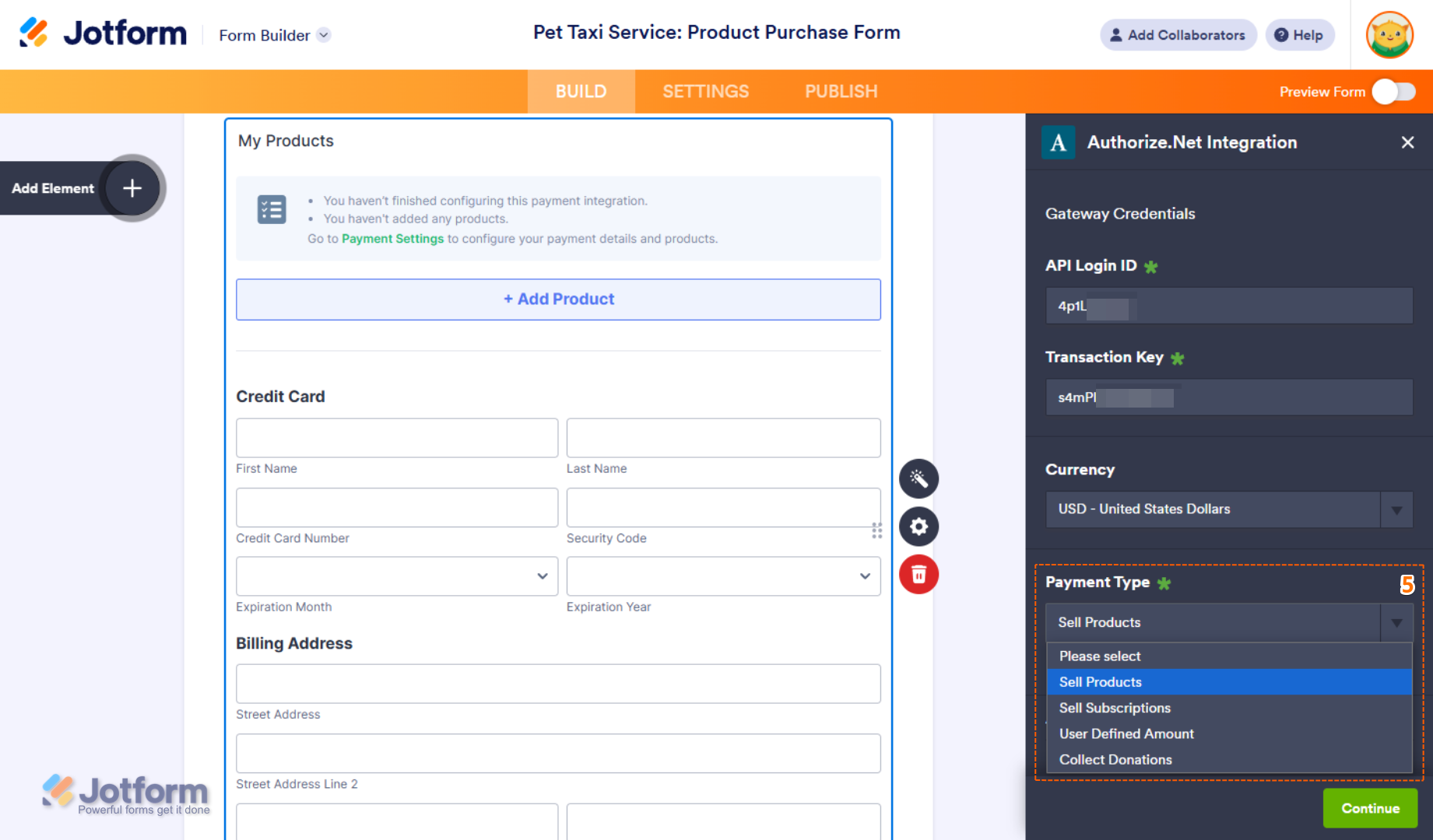 Payment Type Dropdown menu of the Authorize