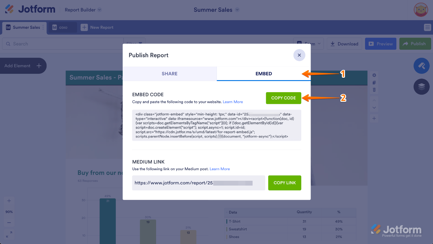 Publish Report window showing the Embed tab selected and the Copy Code button under the Embed Code section