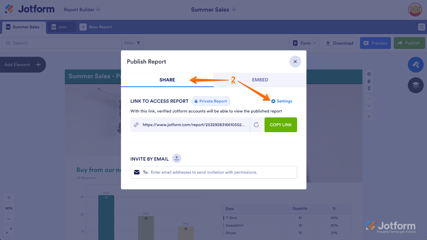 Visual Report Builder share window showing the Share tab with the Settings option selected