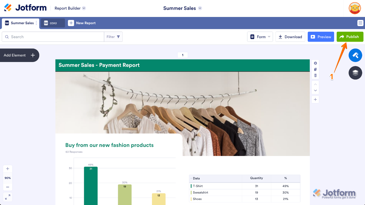 Visual Report Builder interface showing the Publish button on the right side of the page