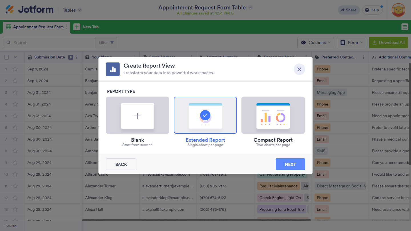 Selección de Tipo de Informe en la ventana Crear Vista de Informe en Jotform Tables