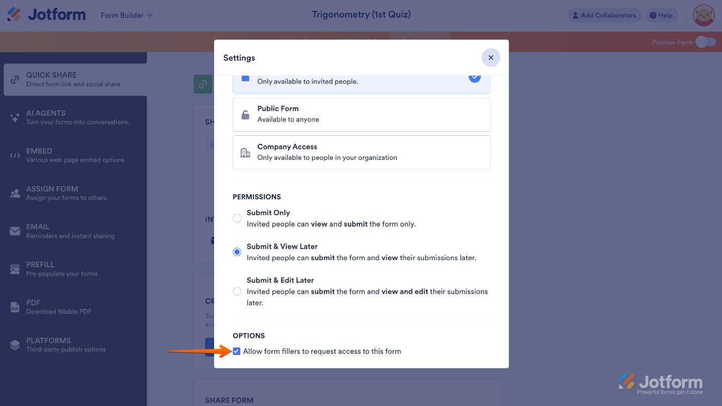 Access Settings showing the option to allow or disable form access requests for Private or Company Access forms