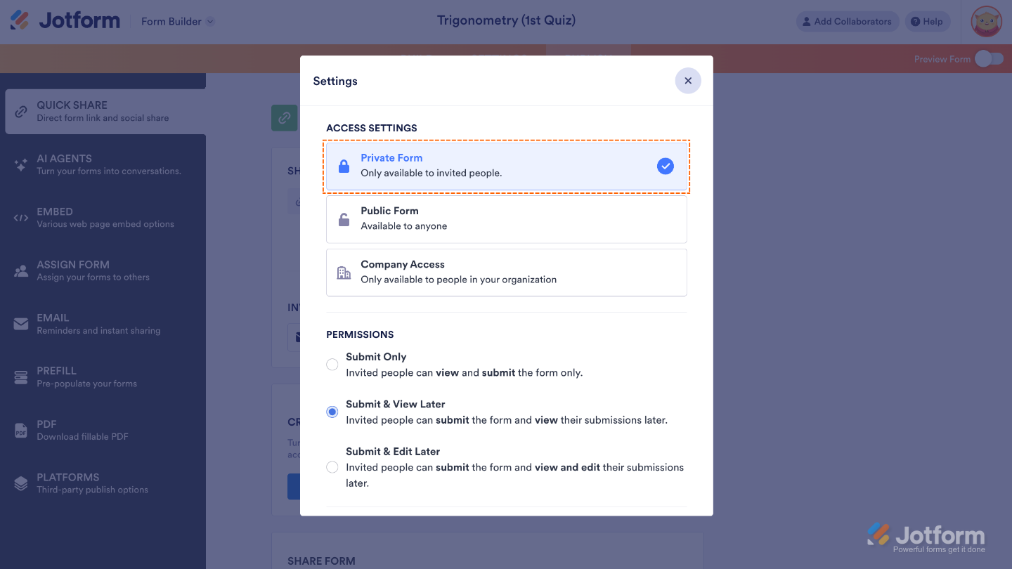 Access Settings showing Private Form enabled, restricting form access to invited users who sign in