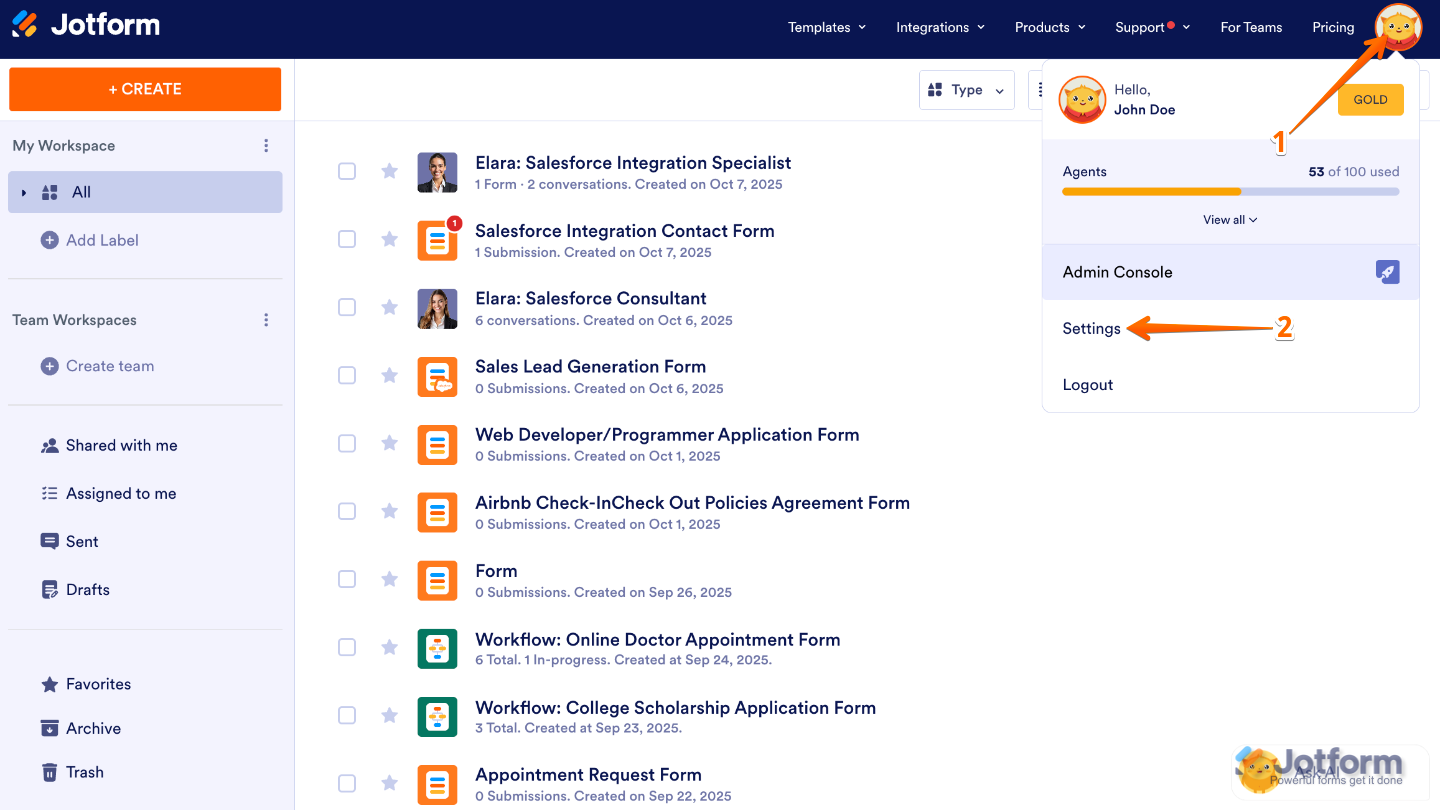 Navigating to Jotform Account Settings through the profile picture dropdown menu on the top-right of the Workspace screen