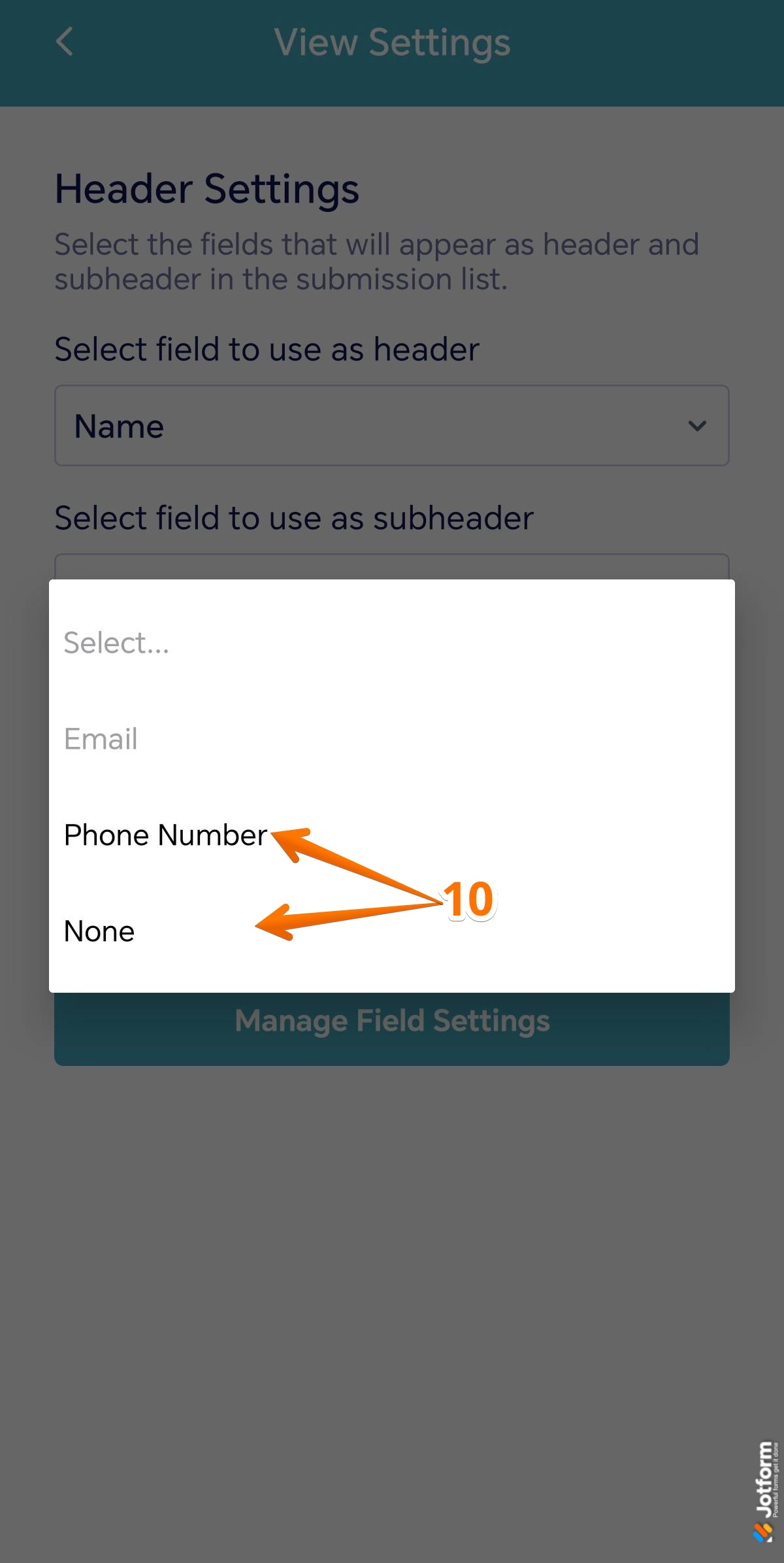 Select field dropdown in the Subheader settings of the Jotform Mobile Forms app