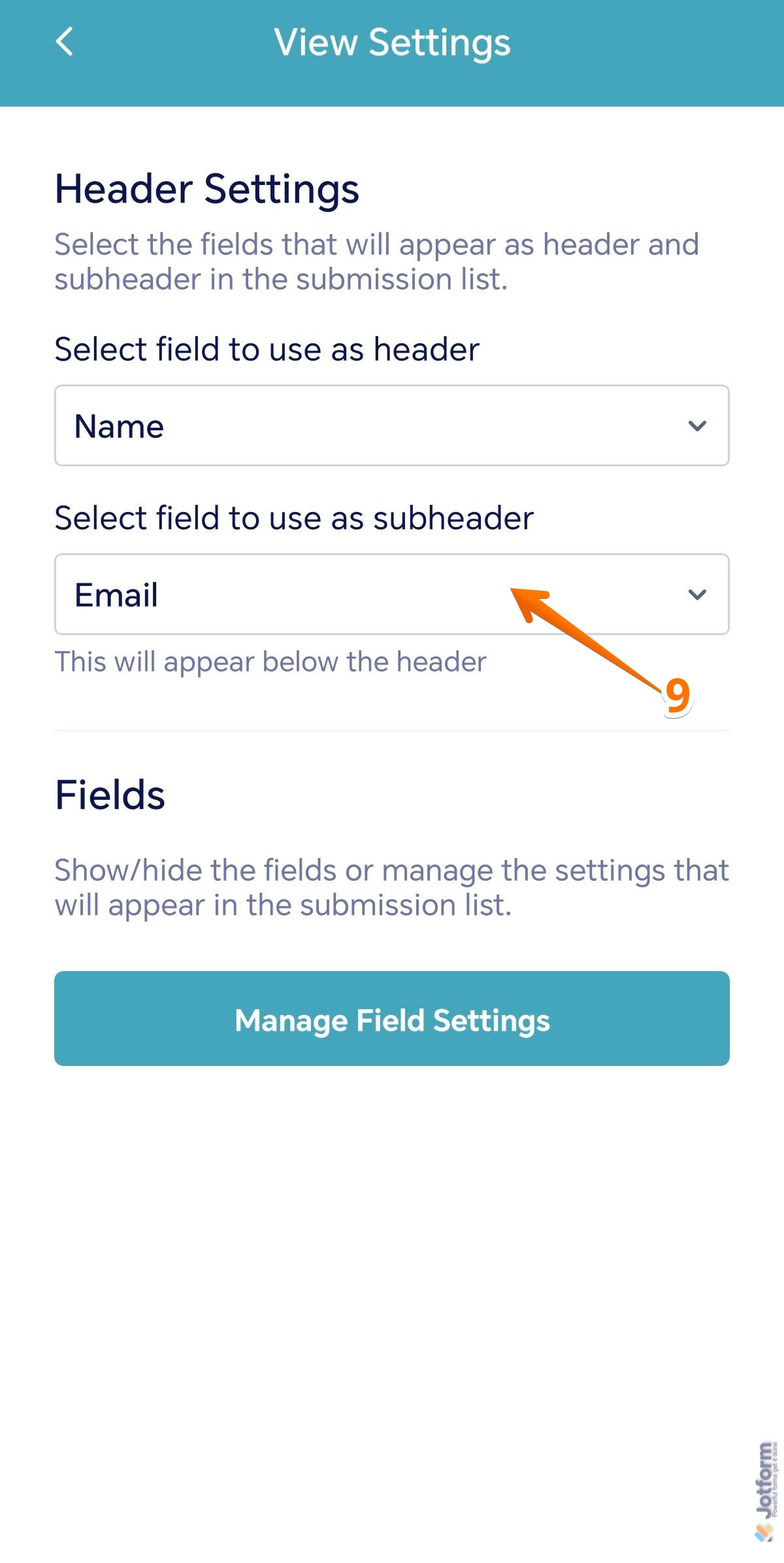 Subheader settings of the Joform Mobile Forms app