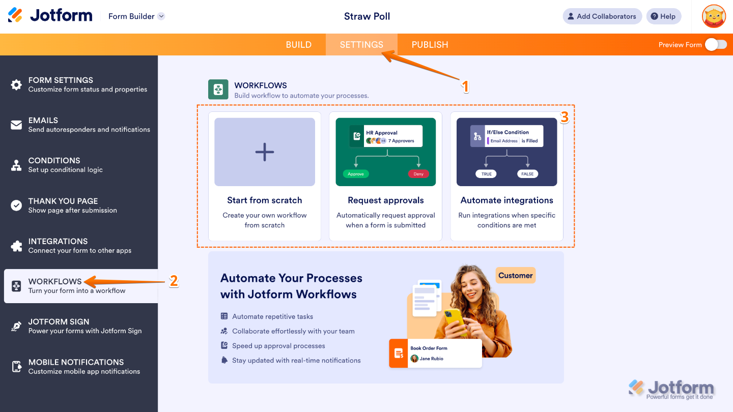 Form Builder interface with the Settings tab selected in the orange top navigation bar and Workflows highlighted in the left menu