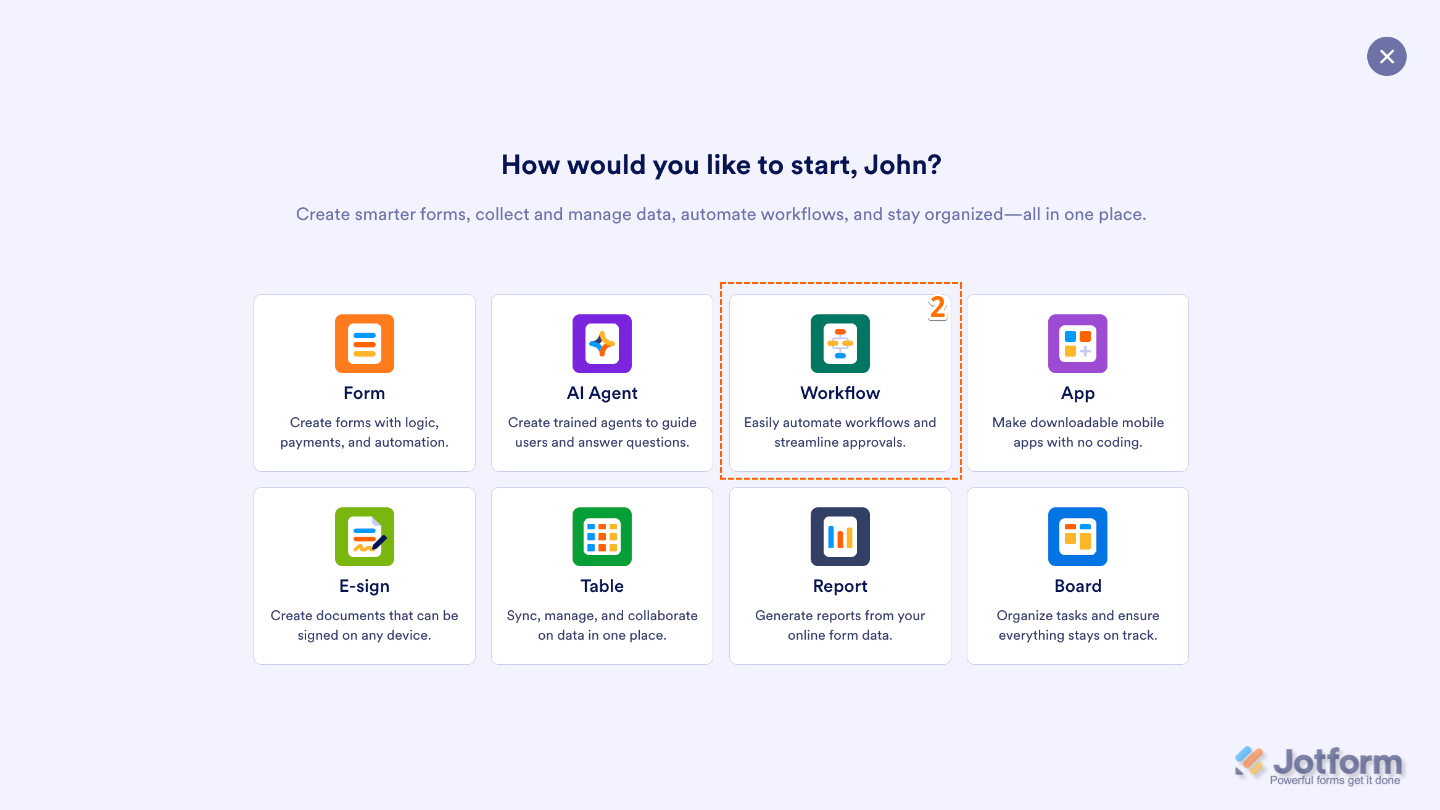 Workspace pop-up window showing the Workflow option selected after clicking Create