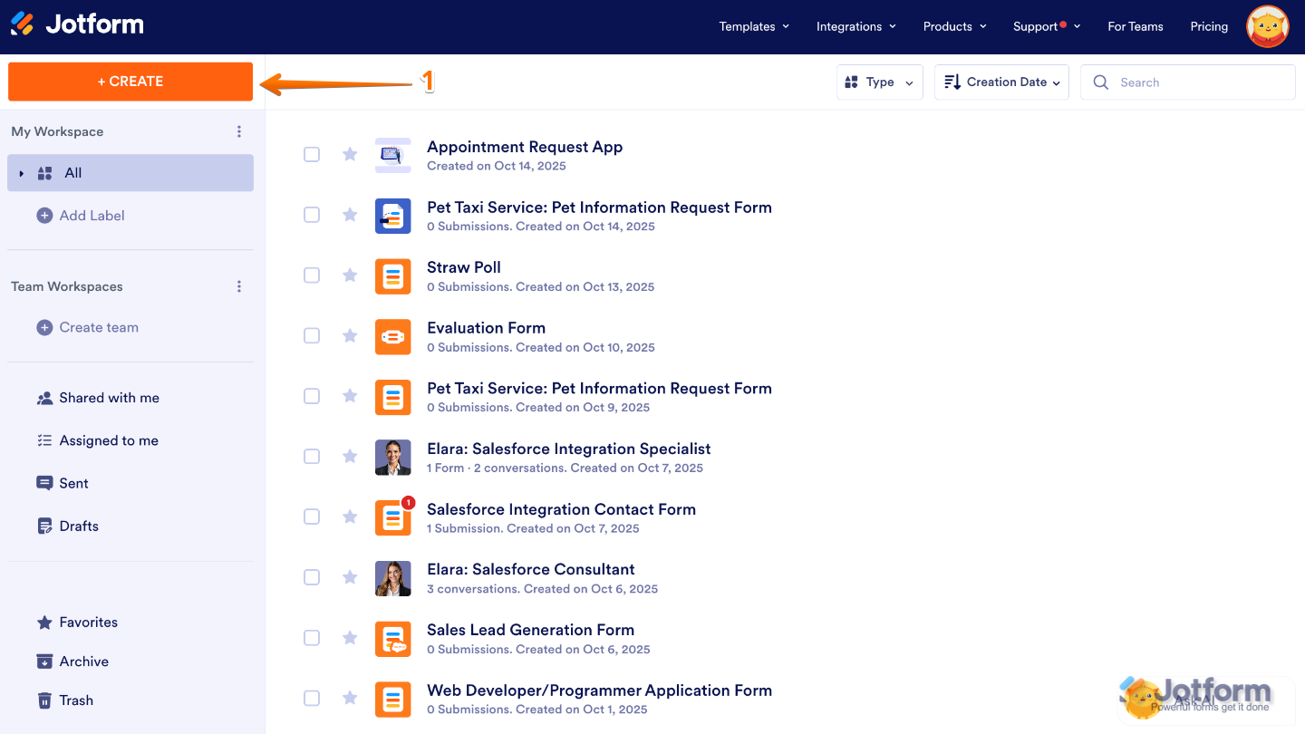 Workspace page showing the Create button located on the top-left side of the screen