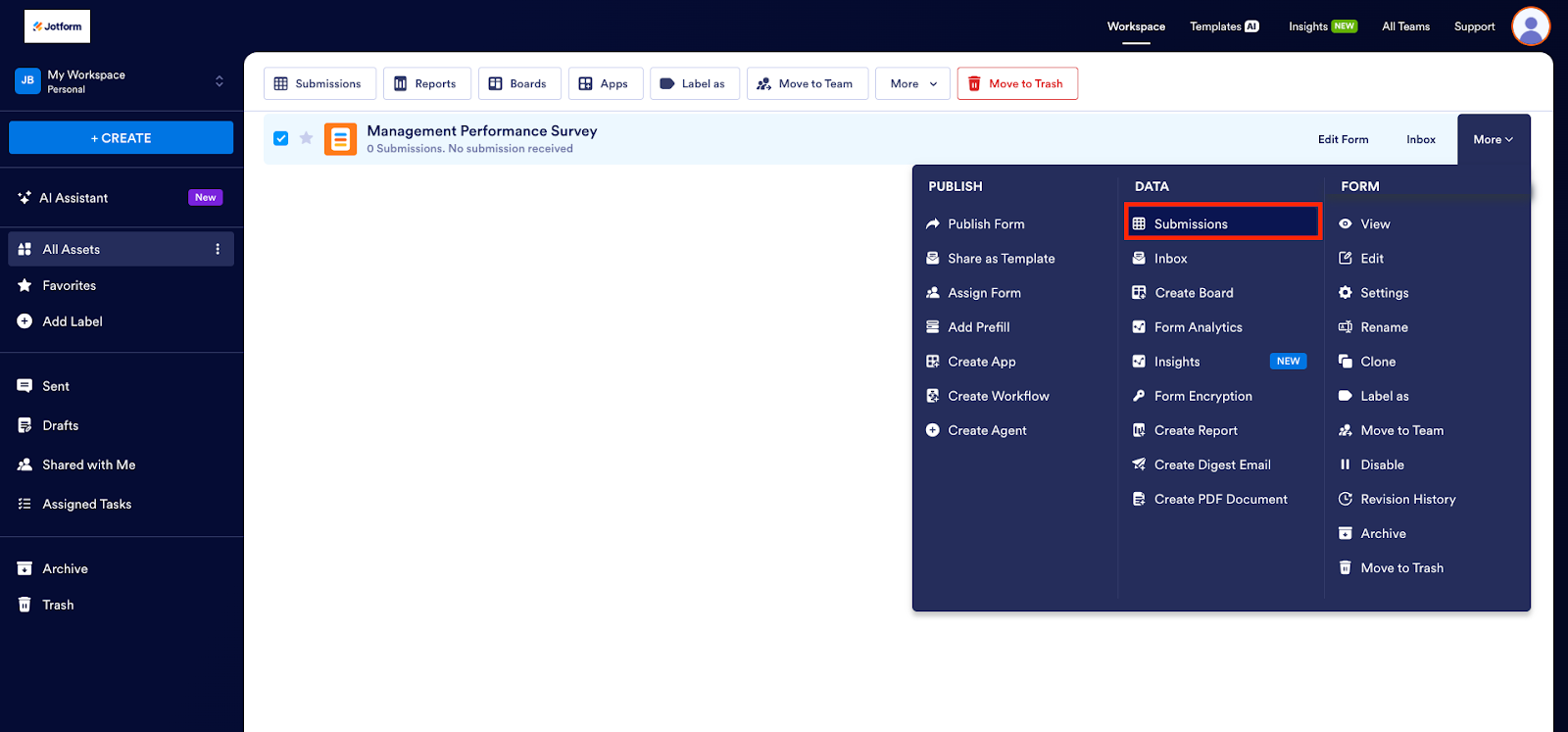 Clicking on the Submissions option under the Data section on Jotform My Workspace page