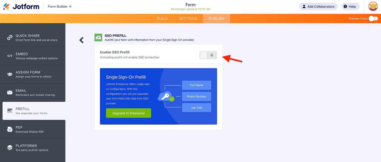 Toggling the SSO Prefill button to On on the SSO Prefill page