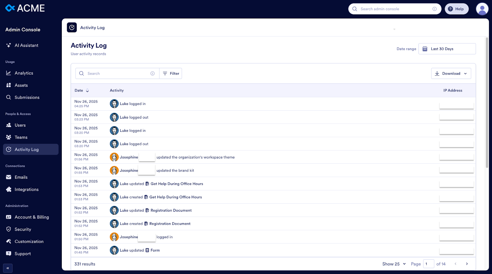 Viewing the Activity Log page on the Admin Console