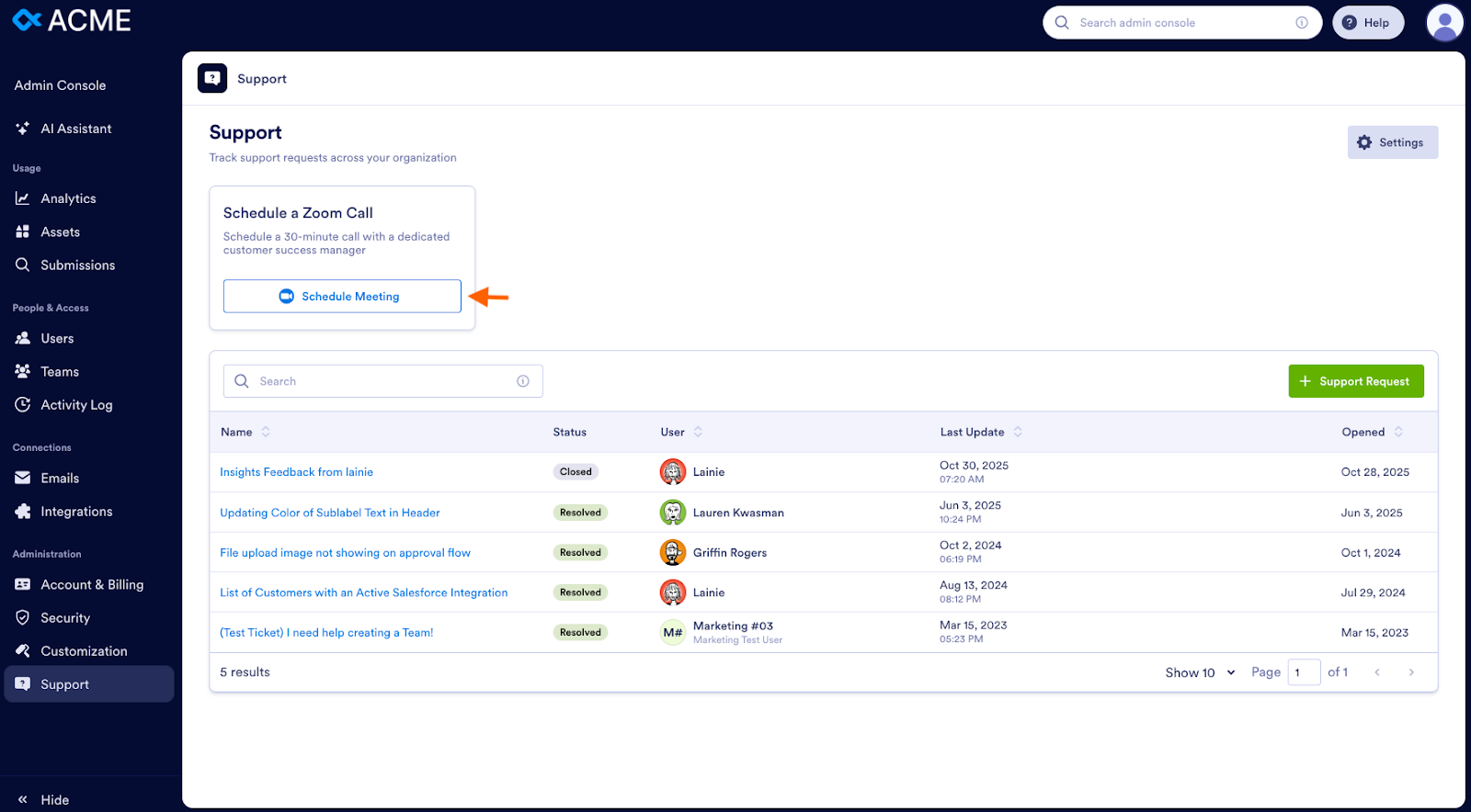 Clicking on the Schedule Meeting option on the Support page on Admin Console