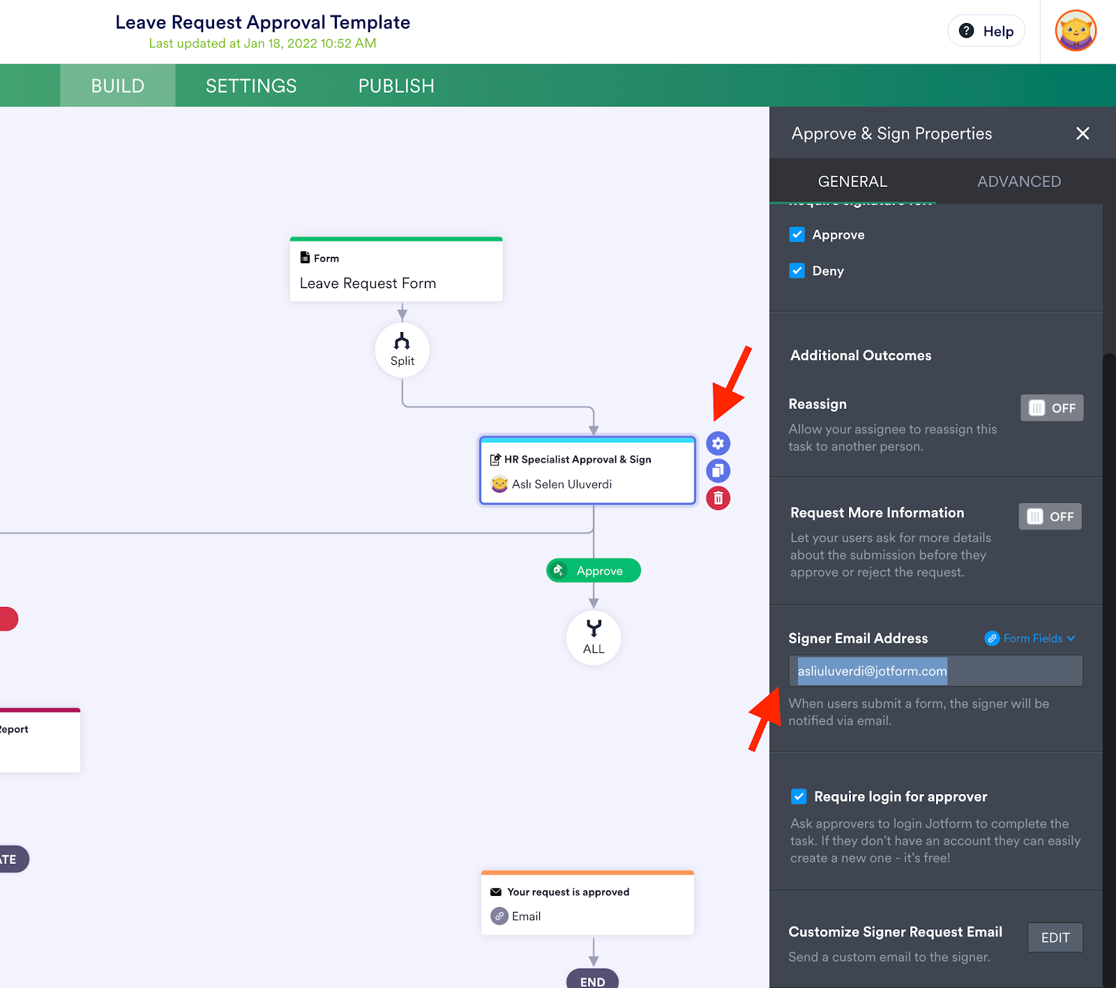Clicking on the Settings button and Adding the Signer Email Address on Jotform Workflows