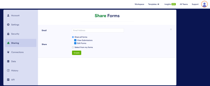 Viewing the Share Forms page on the Sharing page