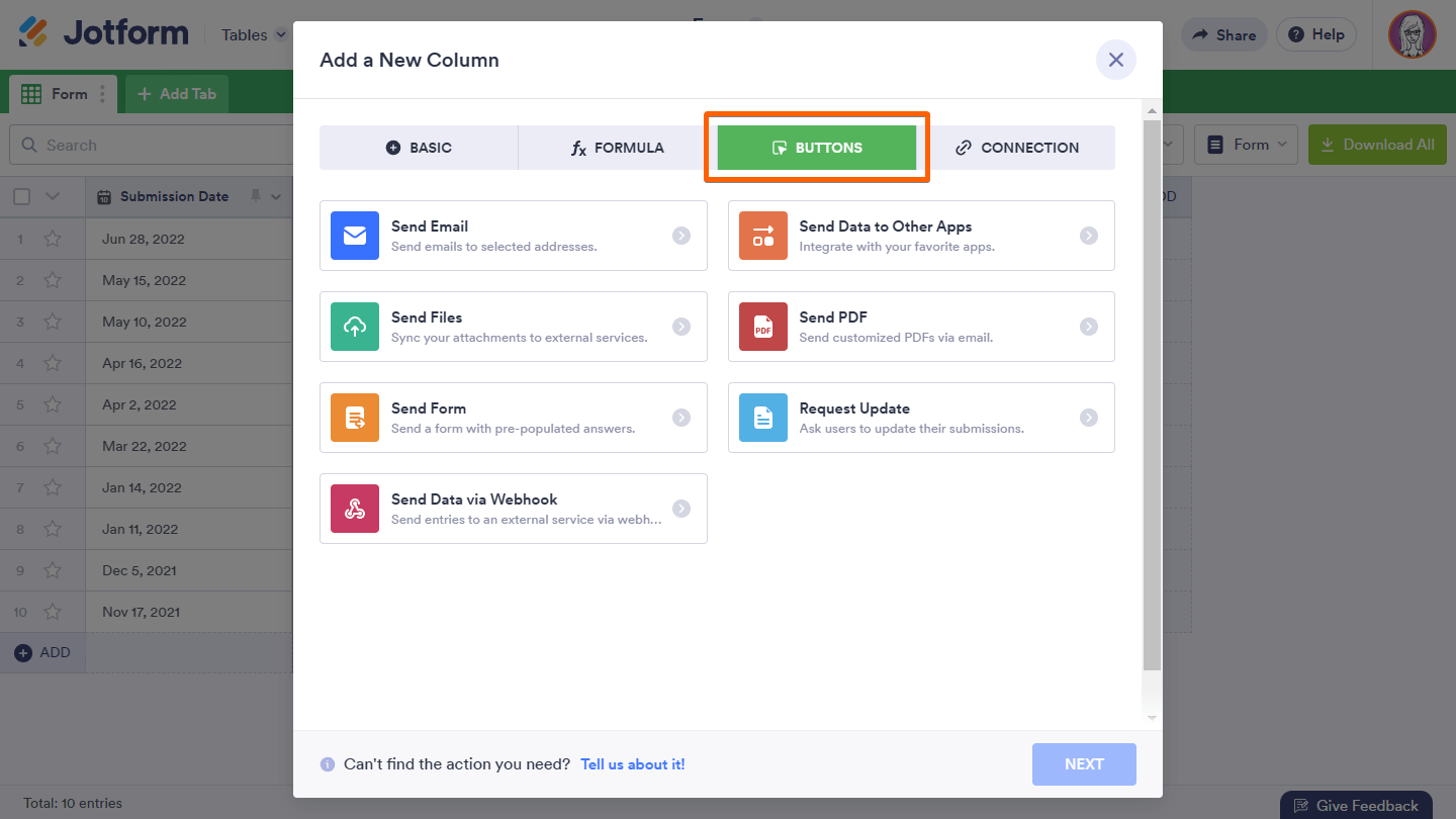 A highlight on the Buttons tab in Jotform Tables' Add a New Column pop up window Screenshot 21 Screenshot 21