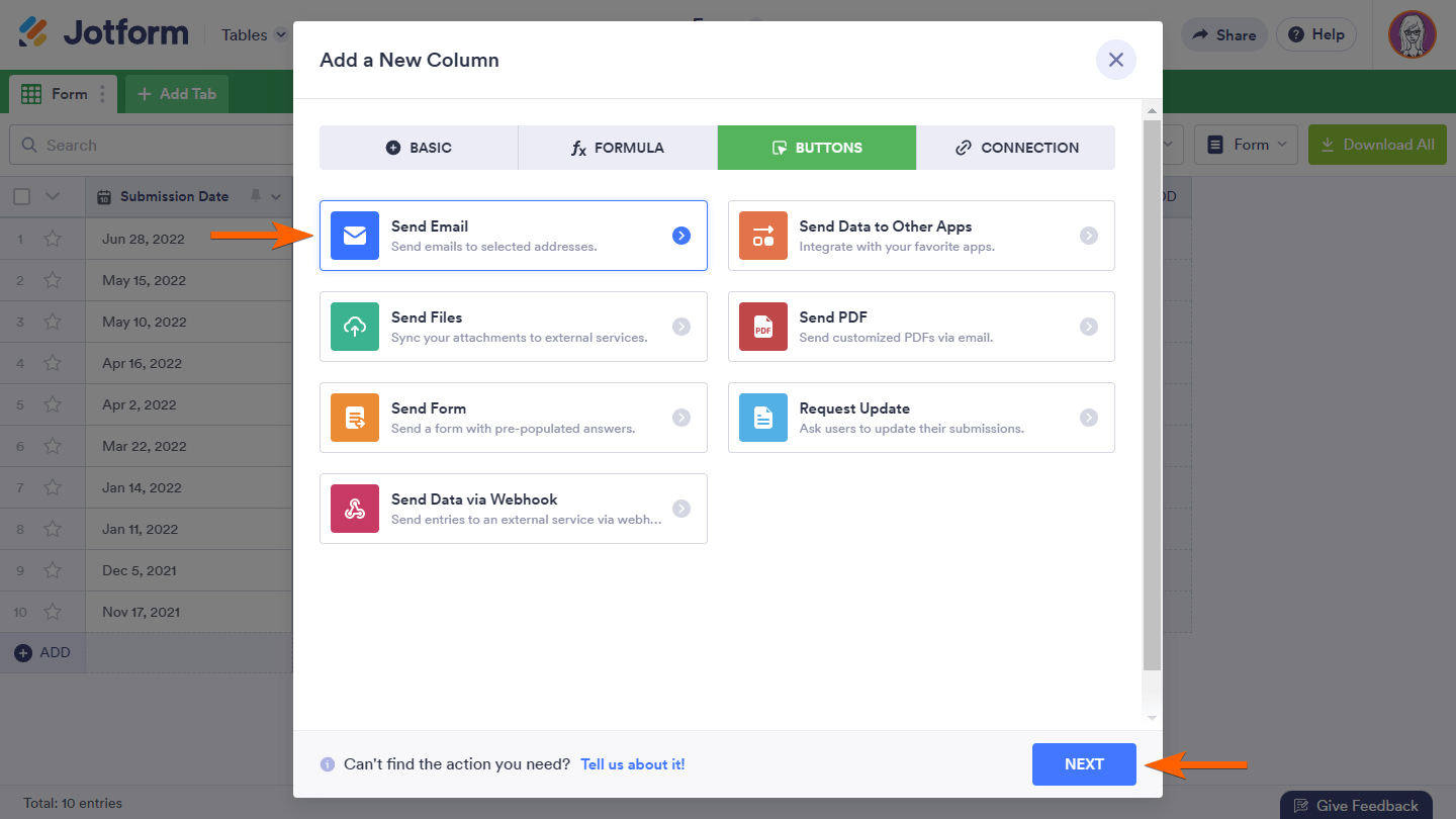 Arrows pointing to Send Email and Next in Jotform Tables' Add a New Column pop up window Screenshot 32 Screenshot 32