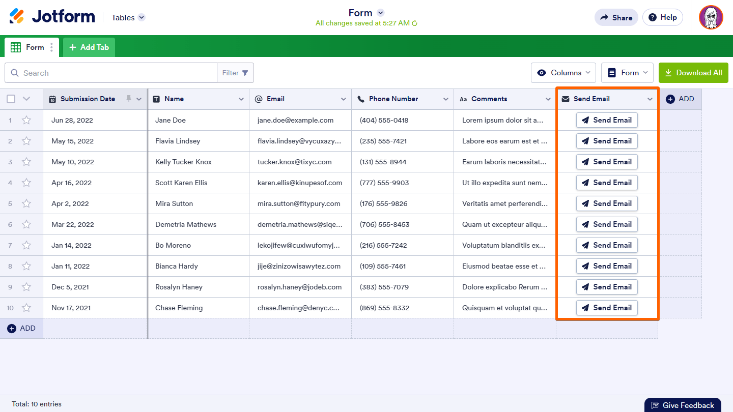 A highlight to the Send Email column in Jotform Tables Screenshot 76 Screenshot 76