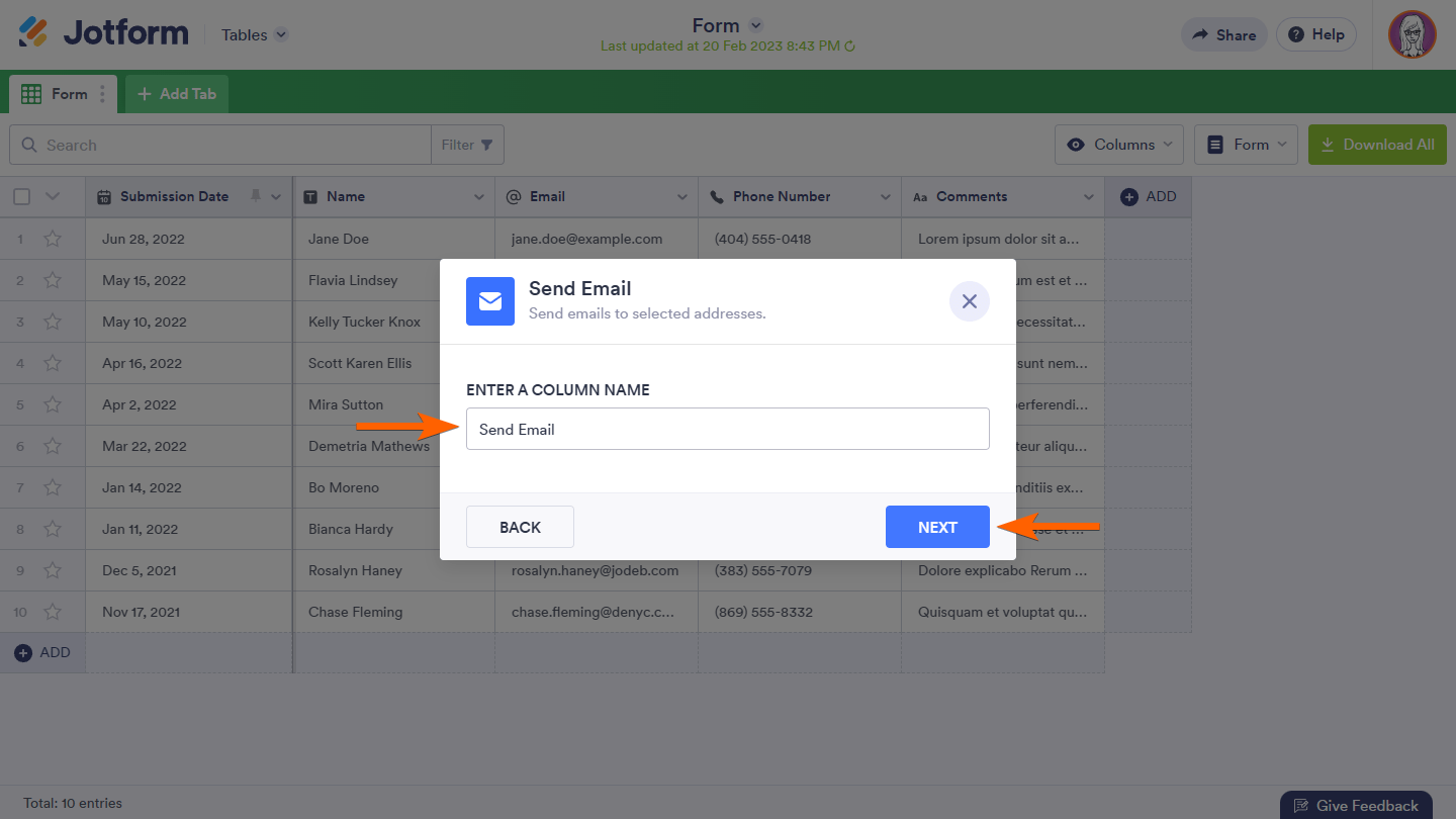 Arrows pointing to the Column Name field and Next button in Jotform Tables' Send Email pop up window Screenshot 43 Screenshot 43