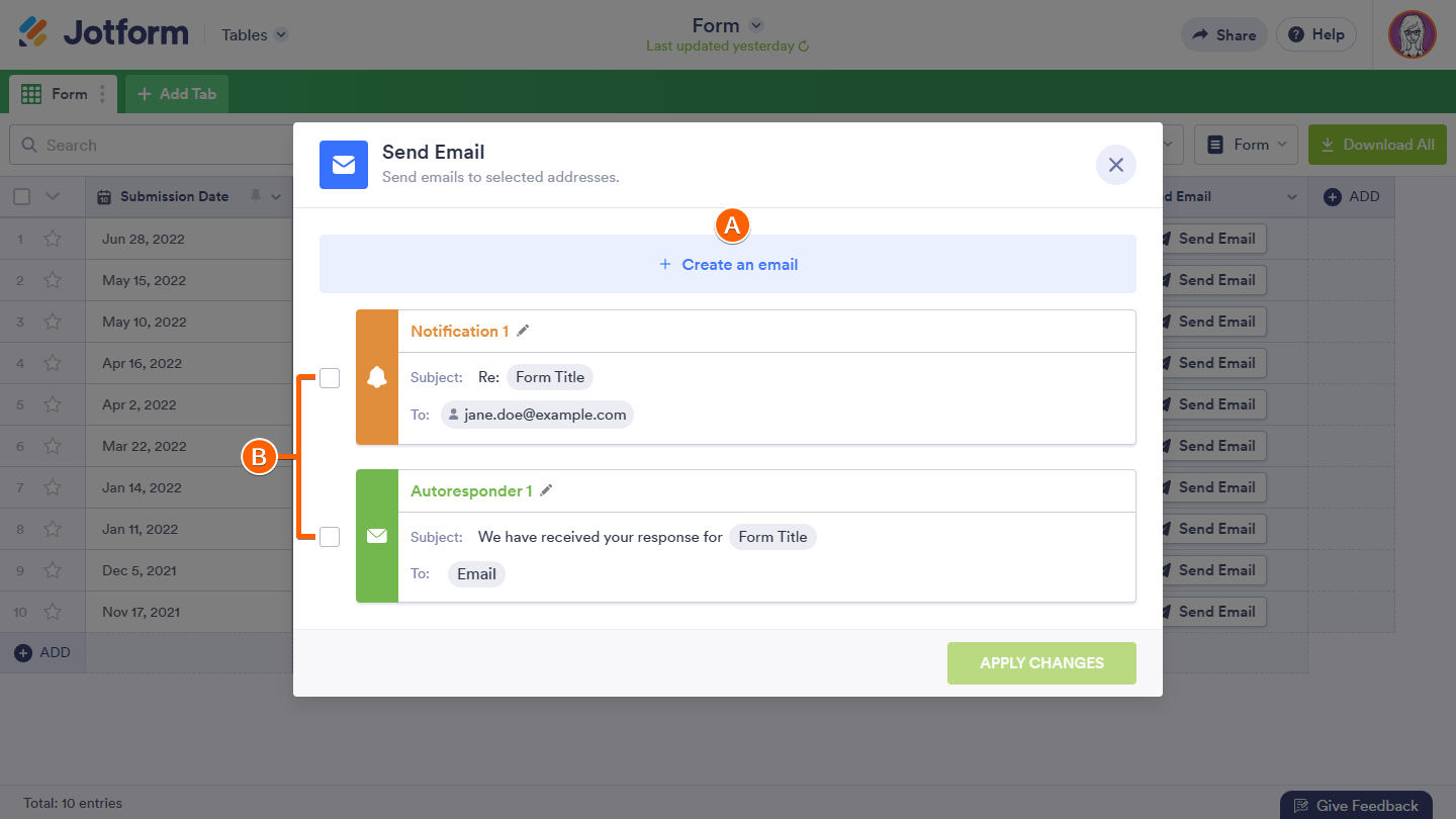 Options to create or select an email template in Jotform Tables' Send Email action button Screenshot 54 Screenshot 54