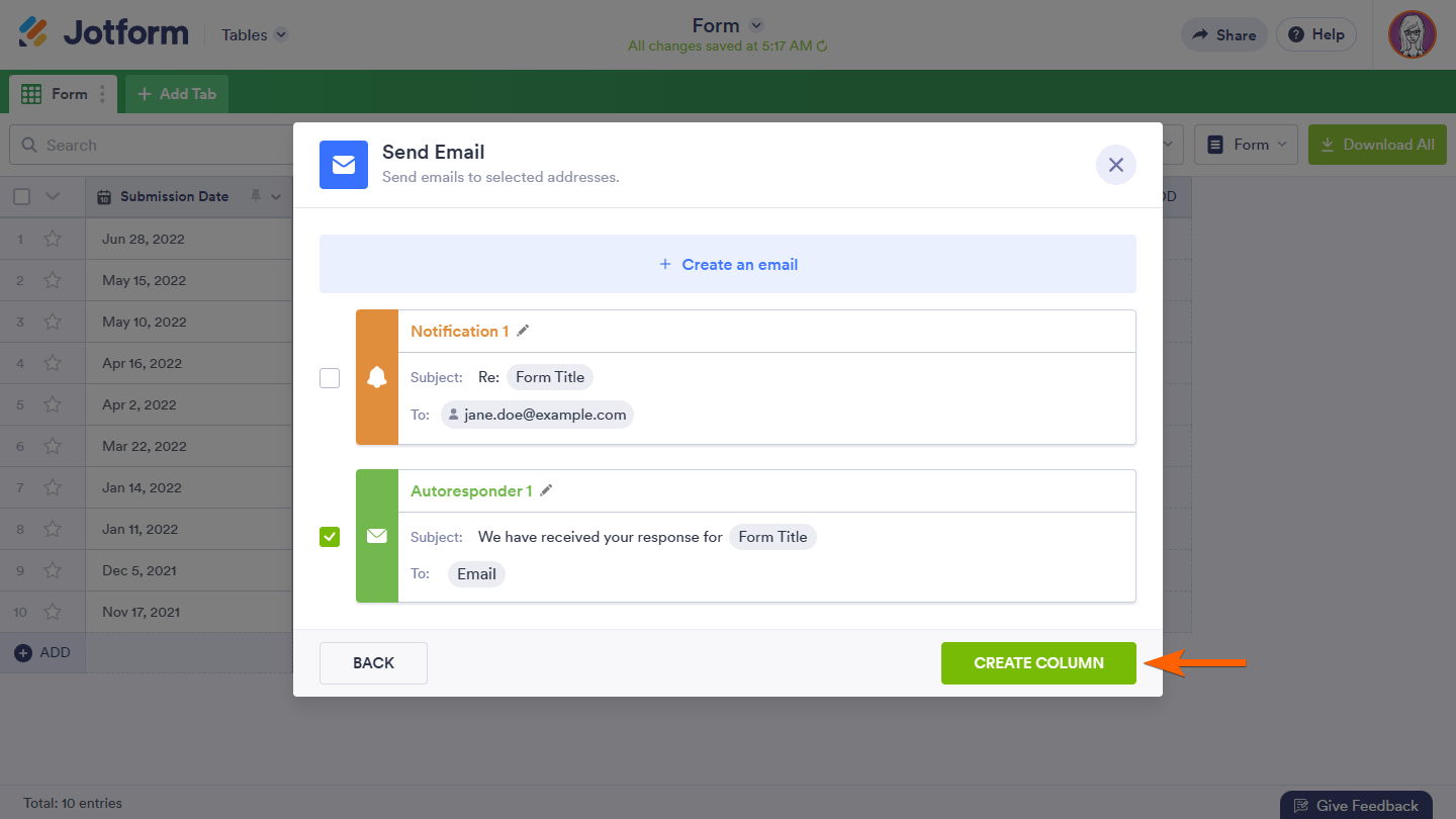 An arrow pointing to the Create Column button in Jotform Tables' Send Email setup Screenshot 65 Screenshot 65