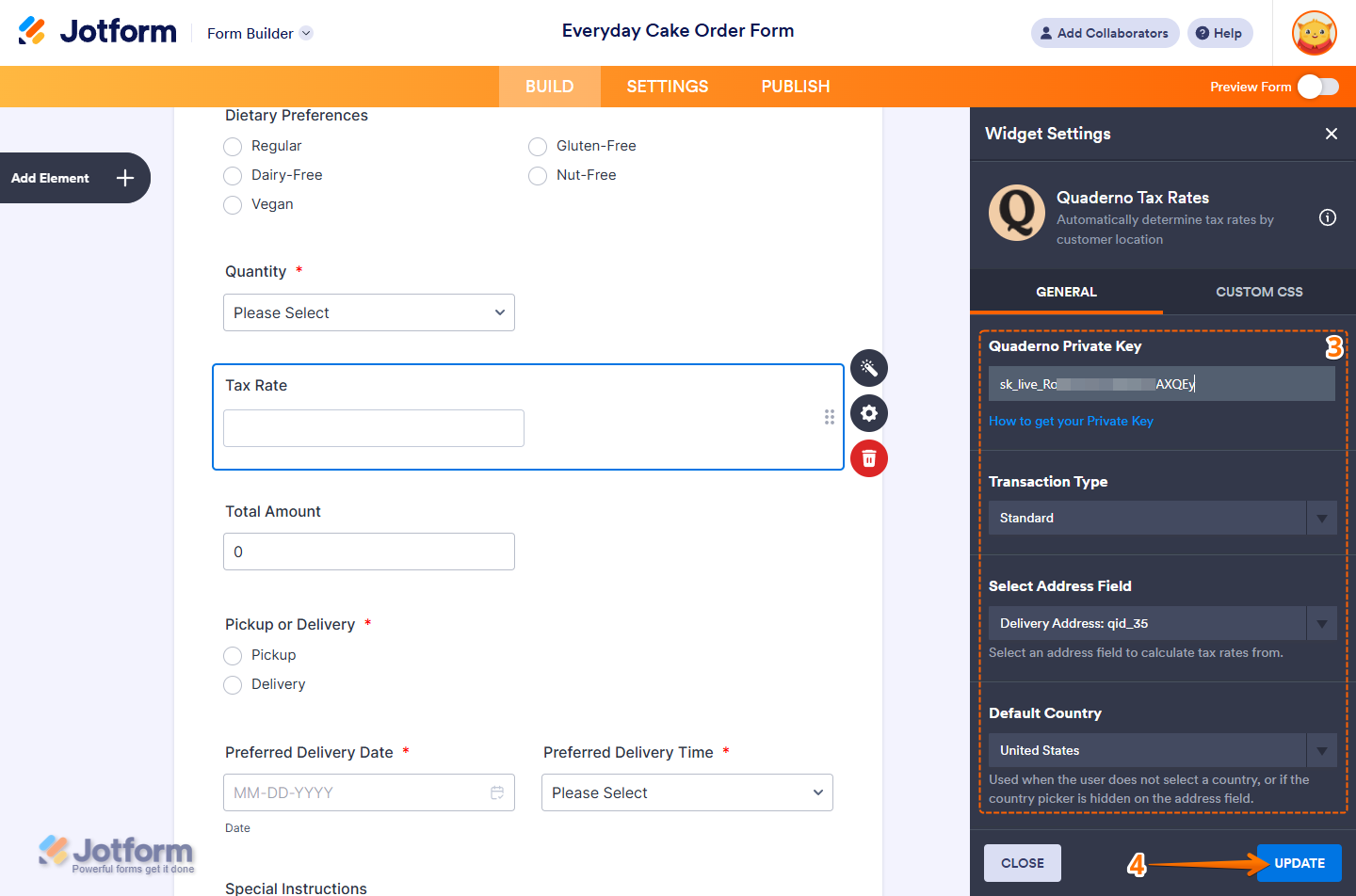 Different settings in the Quaderno Tax Rates Widget Settings in Jotform Form Builder